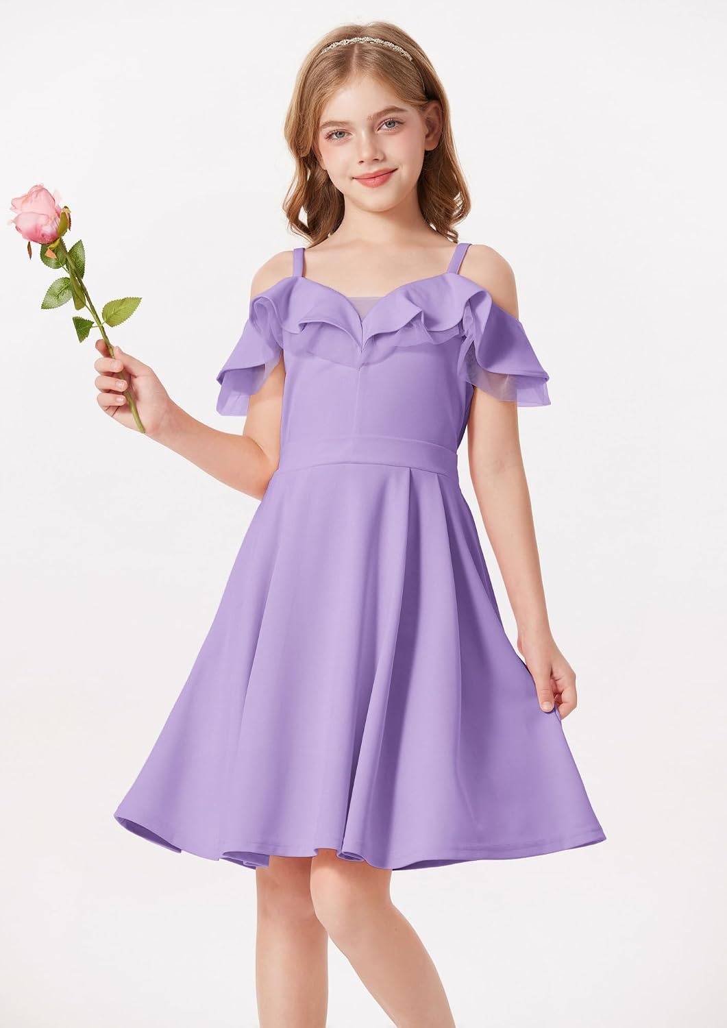 image:imageGRACE KARIN Girls Elegant Party Dress Cold Shoulder Ruffled Neckline High Waist ALine Dress for Girls 714 YearsPurple