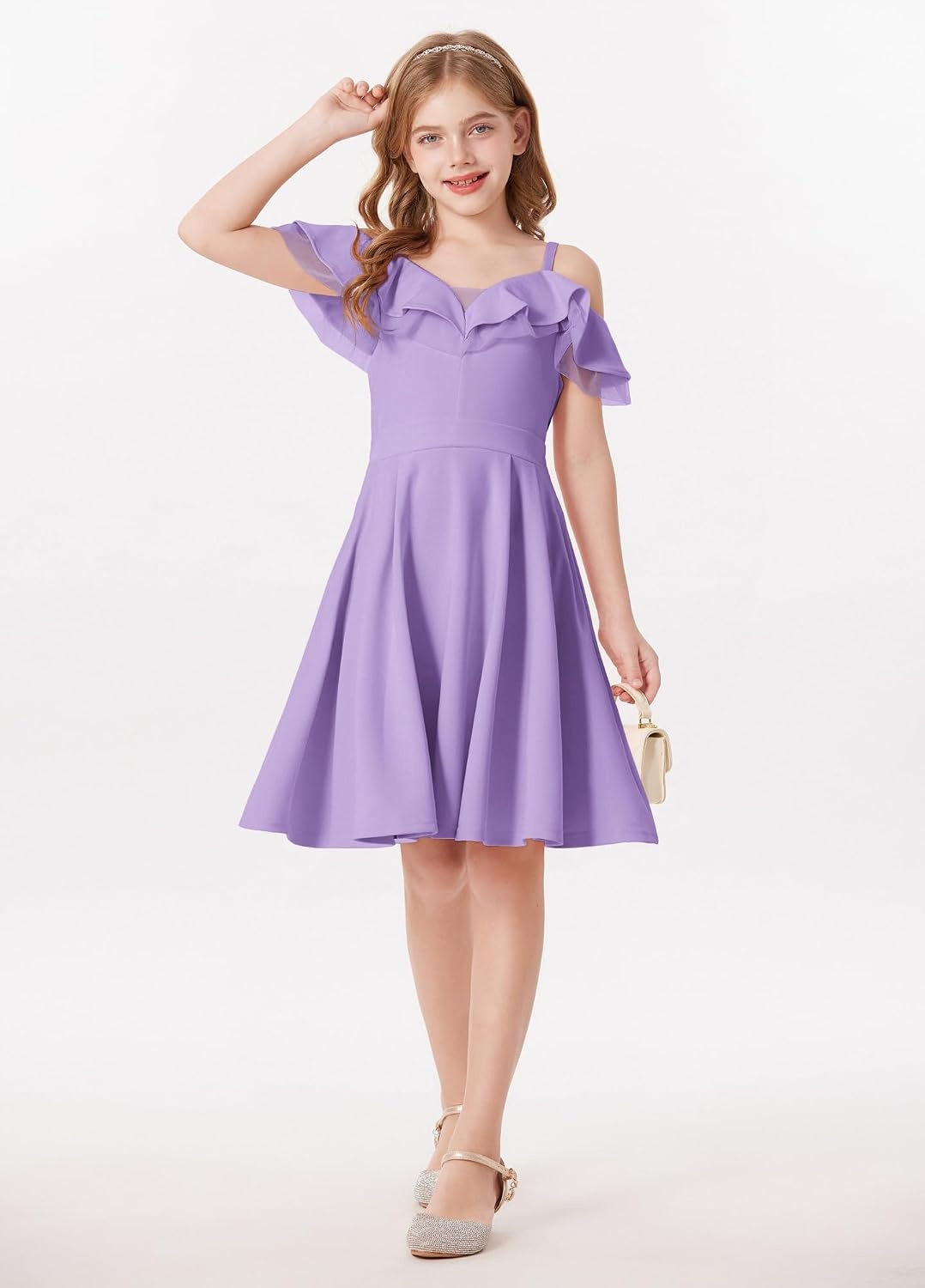 image:imageGRACE KARIN Girls Elegant Party Dress Cold Shoulder Ruffled Neckline High Waist ALine Dress for Girls 714 YearsPurple
