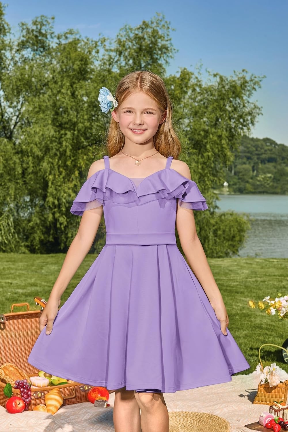 image:imageGRACE KARIN Girls Elegant Party Dress Cold Shoulder Ruffled Neckline High Waist ALine Dress for Girls 714 YearsPurple