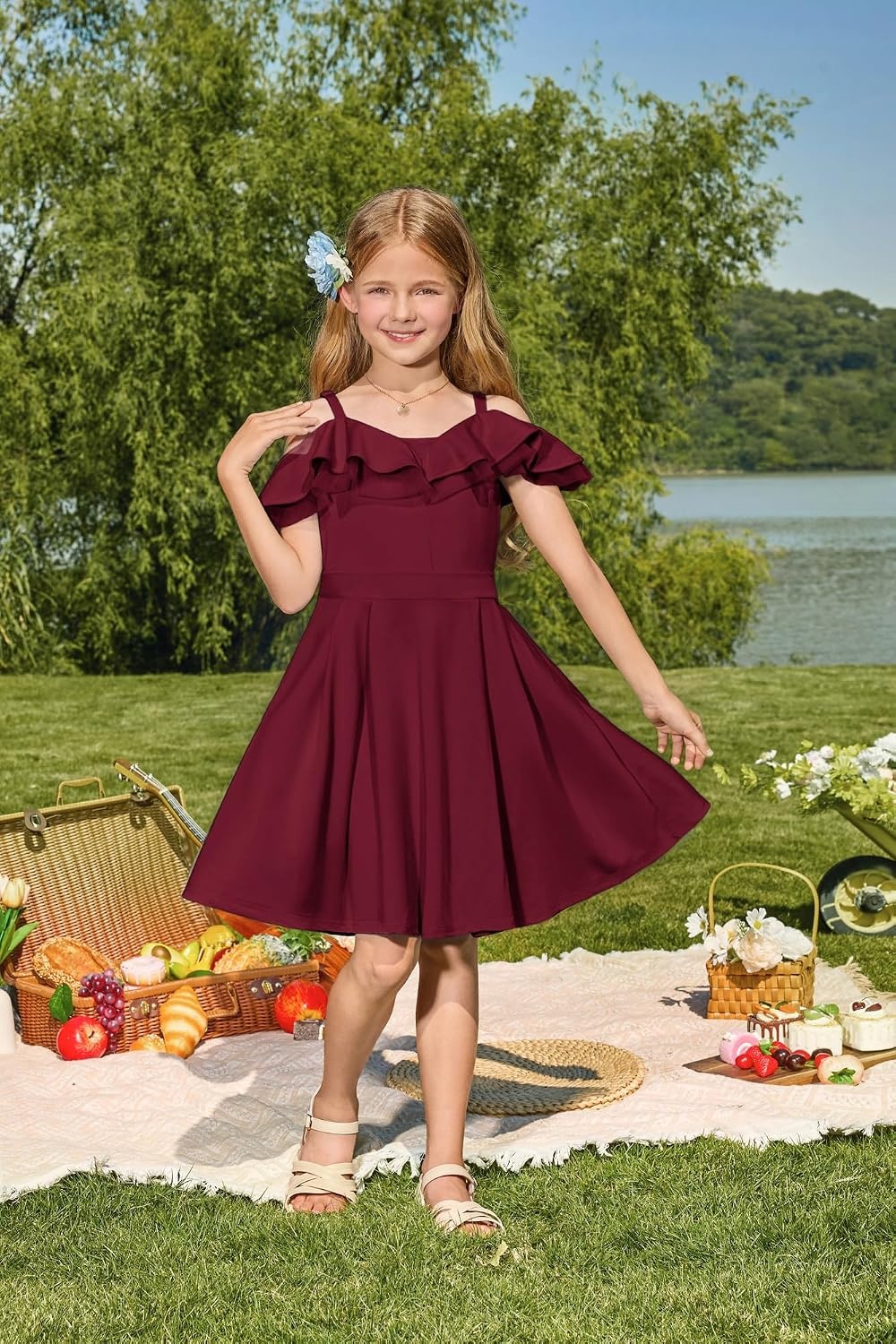 image:imageGRACE KARIN Girls Elegant Party Dress Cold Shoulder Ruffled Neckline High Waist ALine Dress for Girls 714 YearsWine Red
