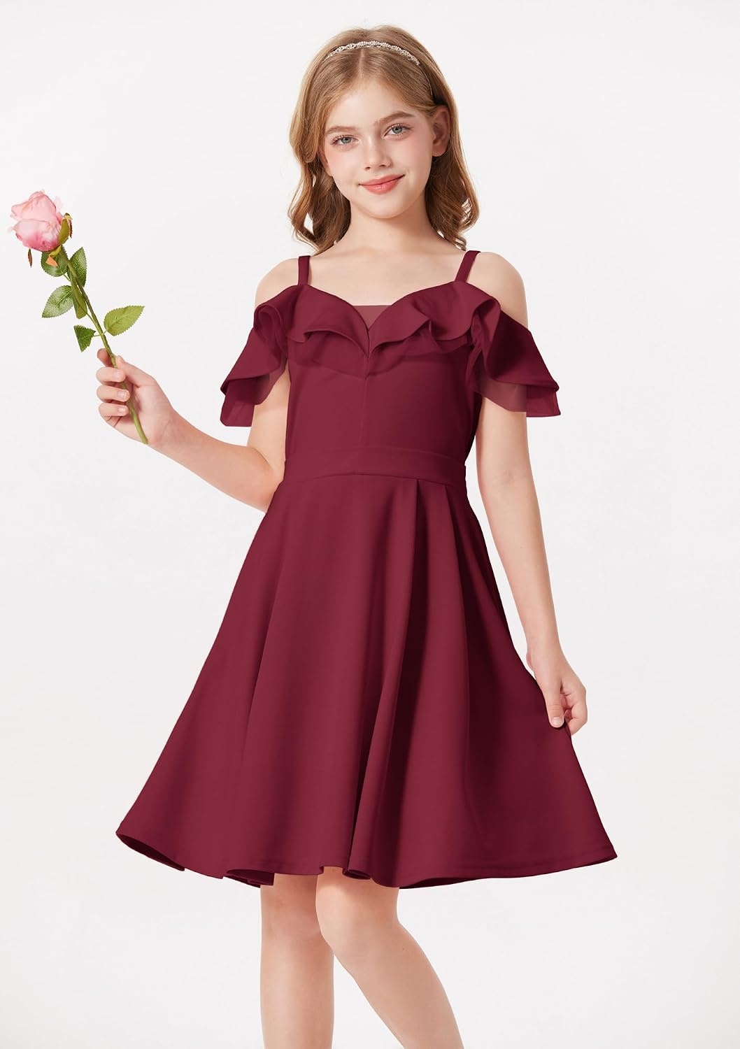 image:imageGRACE KARIN Girls Elegant Party Dress Cold Shoulder Ruffled Neckline High Waist ALine Dress for Girls 714 YearsWine Red