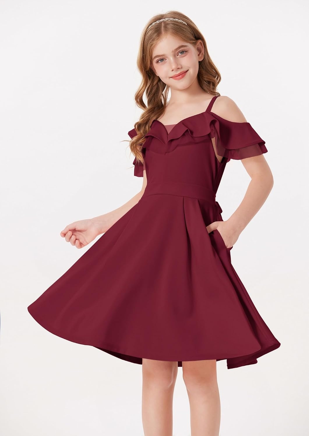 image:imageGRACE KARIN Girls Elegant Party Dress Cold Shoulder Ruffled Neckline High Waist ALine Dress for Girls 714 YearsWine Red