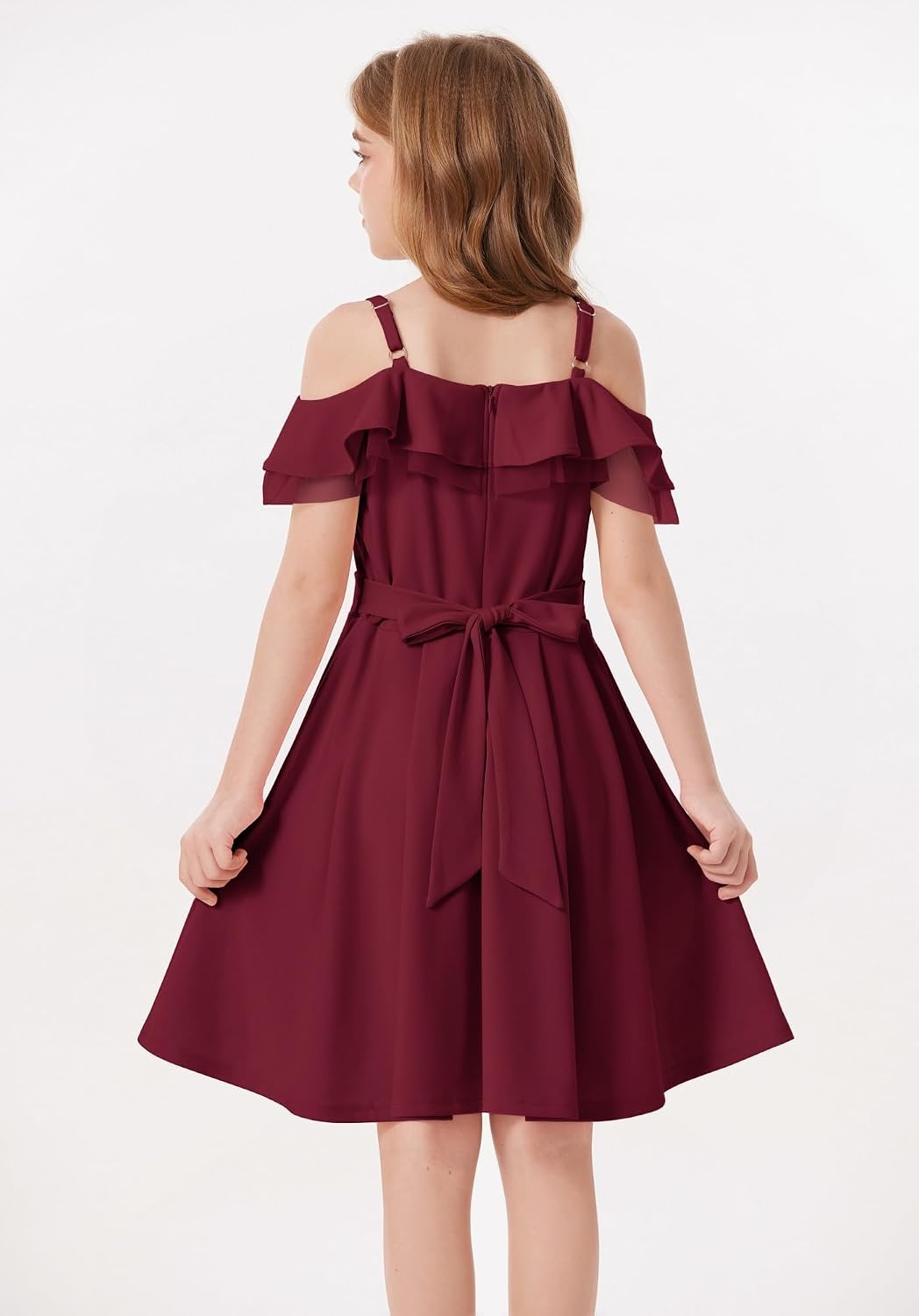 image:imageGRACE KARIN Girls Elegant Party Dress Cold Shoulder Ruffled Neckline High Waist ALine Dress for Girls 714 YearsWine Red