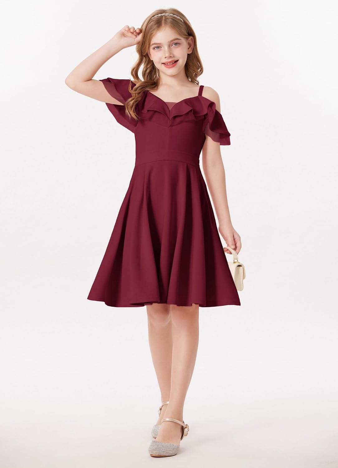image:imageGRACE KARIN Girls Elegant Party Dress Cold Shoulder Ruffled Neckline High Waist ALine Dress for Girls 714 YearsWine Red