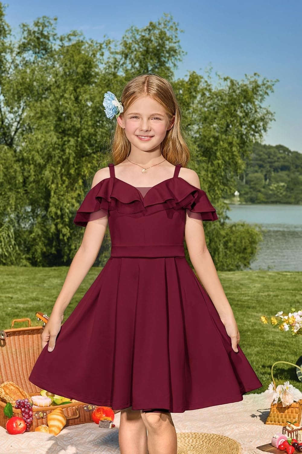 image:imageGRACE KARIN Girls Elegant Party Dress Cold Shoulder Ruffled Neckline High Waist ALine Dress for Girls 714 YearsWine Red