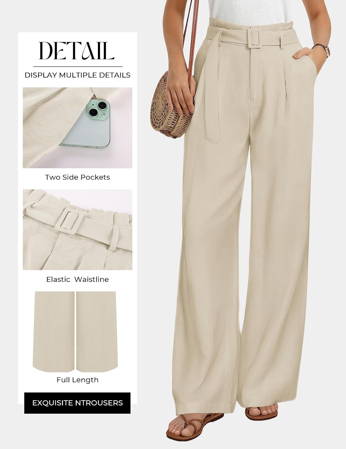 image:imageGRACE KARIN Wide Leg Pants Women Linen Blend High Waisted Palazzo Trousers with Pockets Business Casual ClothesApricot