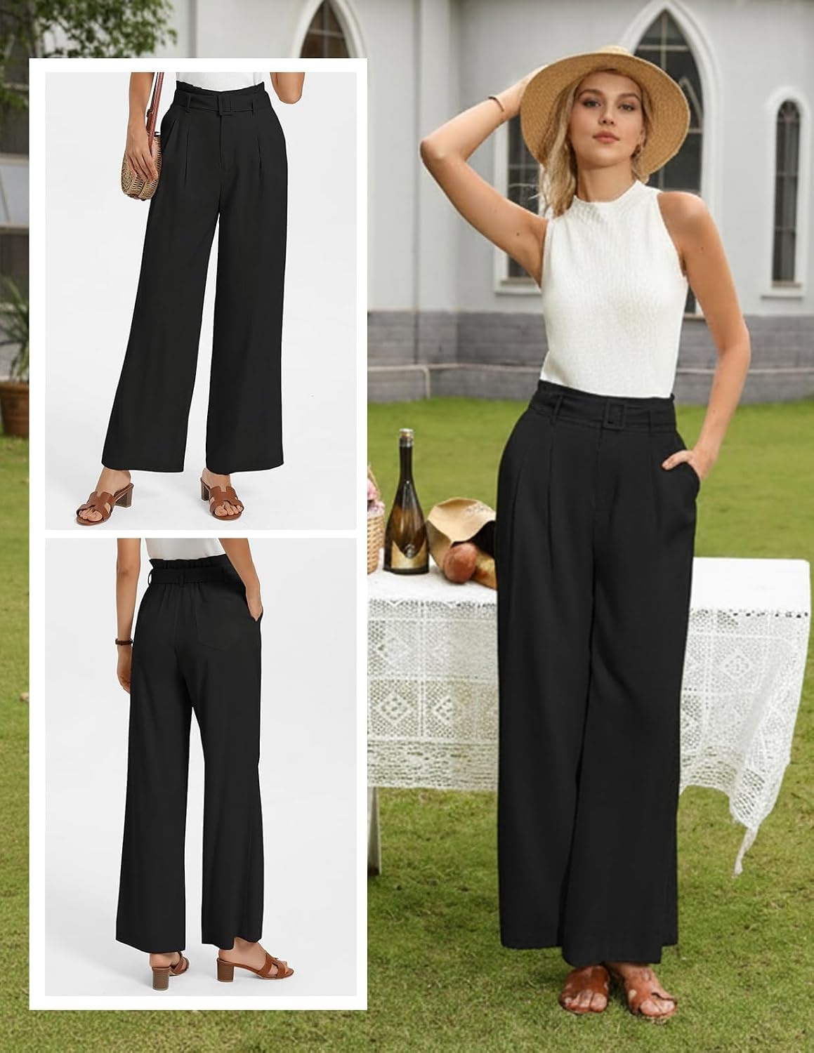 image:imageGRACE KARIN Wide Leg Pants Women Linen Blend High Waisted Palazzo Trousers with Pockets Business Casual ClothesBlack