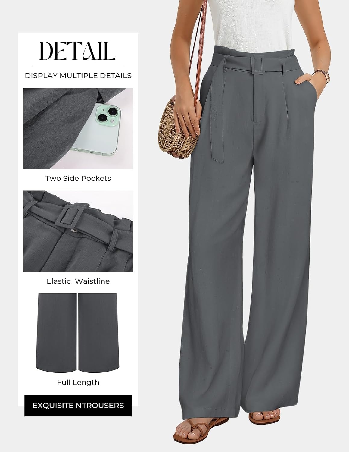 image:imageGRACE KARIN Wide Leg Pants Women Linen Blend High Waisted Palazzo Trousers with Pockets Business Casual ClothesDark Grey