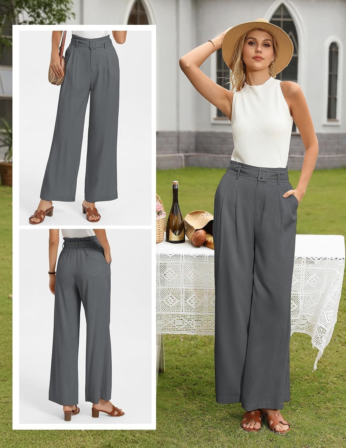 image:imageGRACE KARIN Wide Leg Pants Women Linen Blend High Waisted Palazzo Trousers with Pockets Business Casual ClothesDark Grey