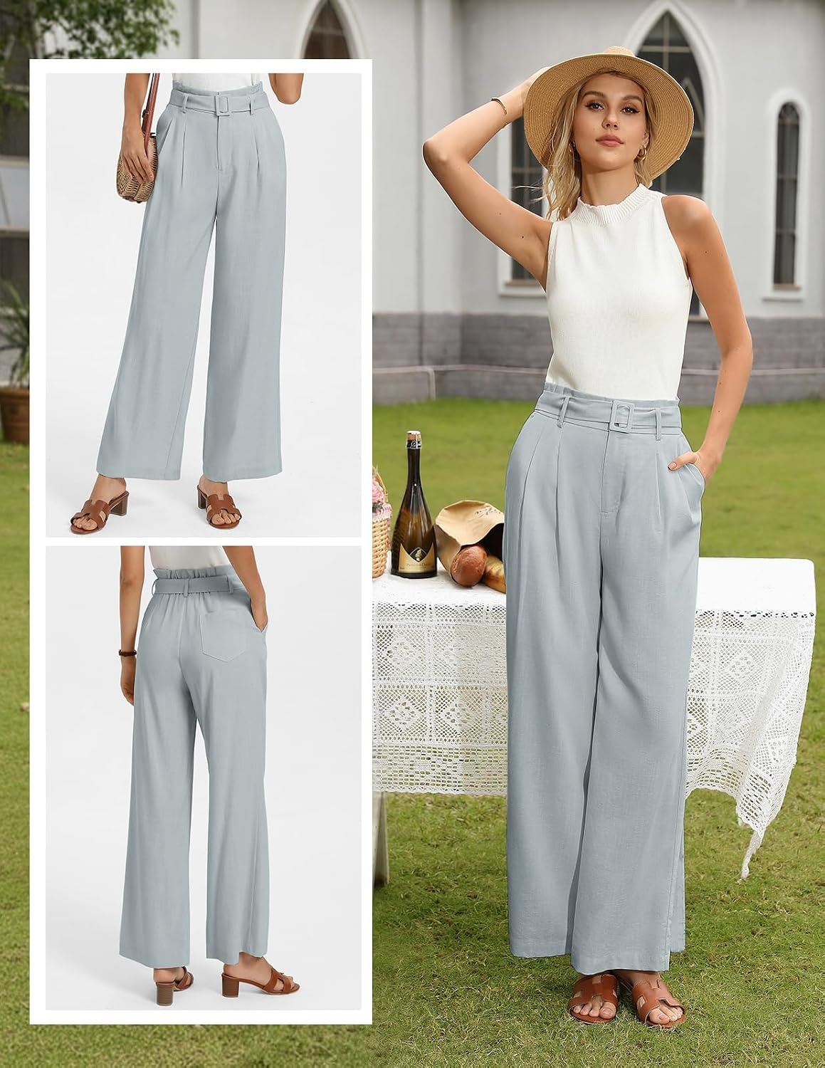 image:imageGRACE KARIN Wide Leg Pants Women Linen Blend High Waisted Palazzo Trousers with Pockets Business Casual ClothesLight Grey Blue