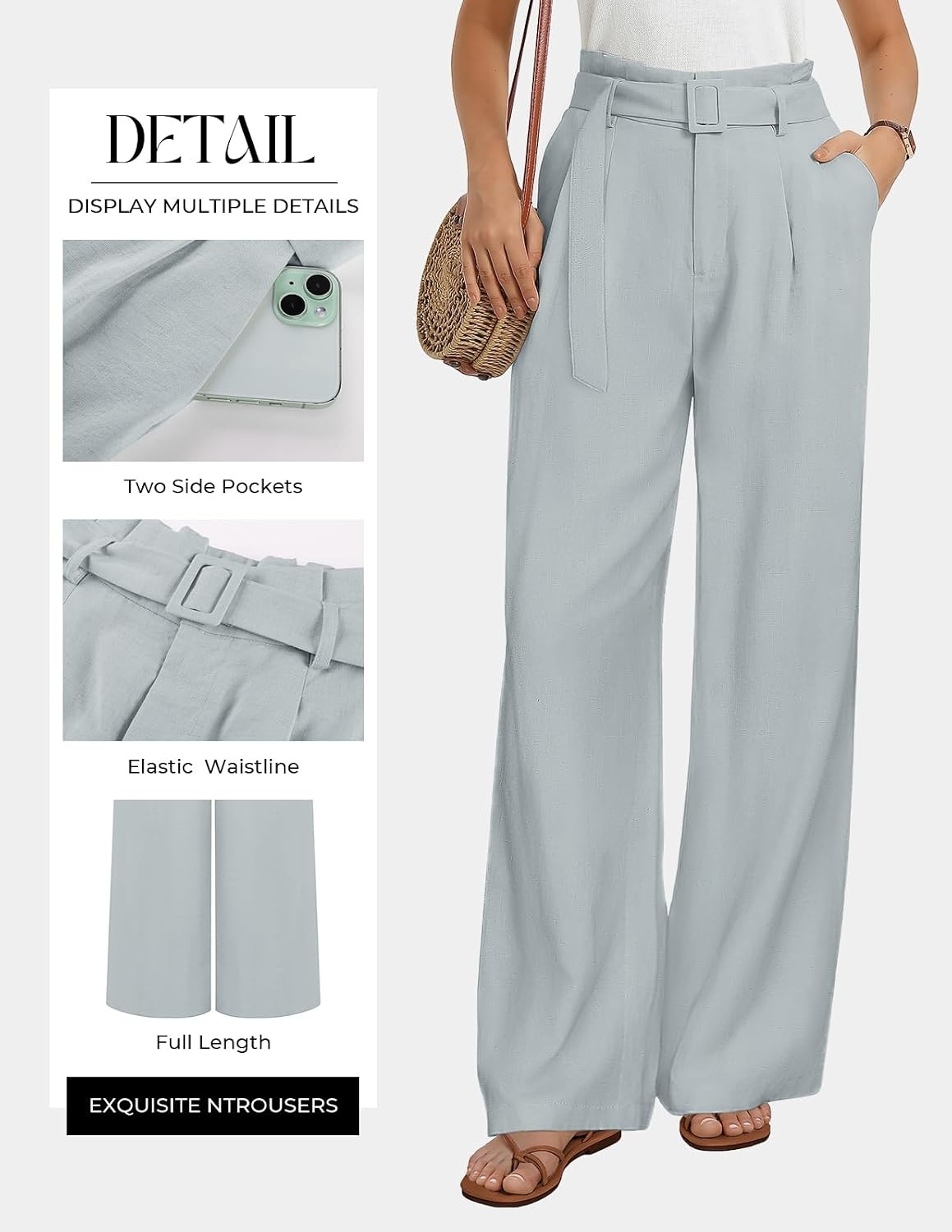 image:imageGRACE KARIN Wide Leg Pants Women Linen Blend High Waisted Palazzo Trousers with Pockets Business Casual ClothesLight Grey Blue