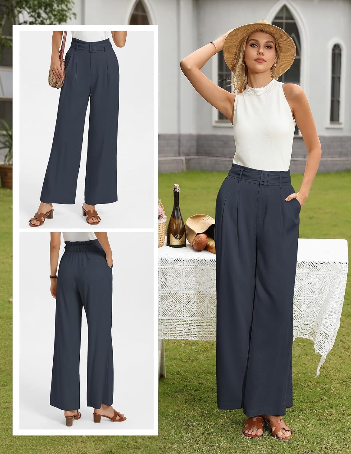 image:imageGRACE KARIN Wide Leg Pants Women Linen Blend High Waisted Palazzo Trousers with Pockets Business Casual ClothesNavy Blue