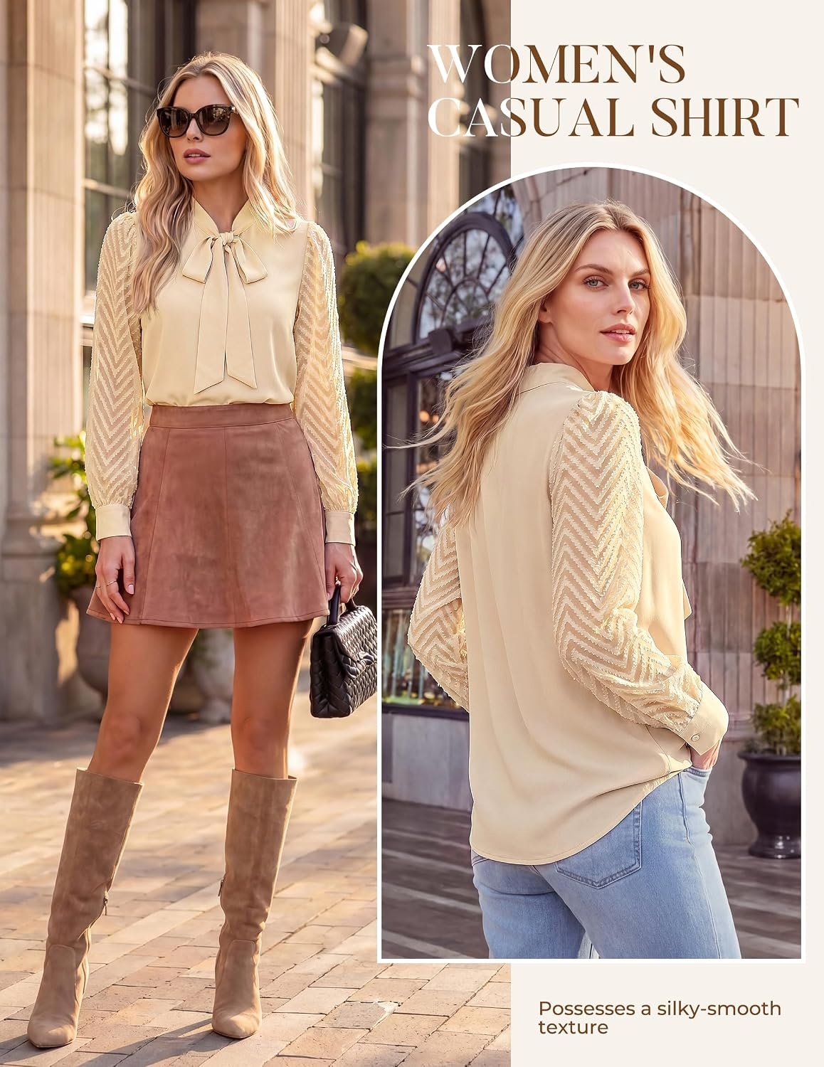 image:imageGRACE KARIN Women Bow Tie Neck Tops 2026 Fall Lace Long Sleeve Blouse Business Dressy Casual Shirt Work Office FormalApricot