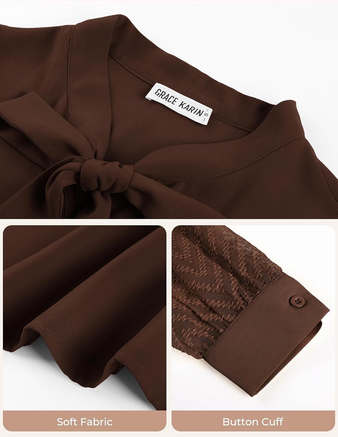 image:imageGRACE KARIN Women Bow Tie Neck Tops 2026 Fall Lace Long Sleeve Blouse Business Dressy Casual Shirt Work Office FormalCoffee