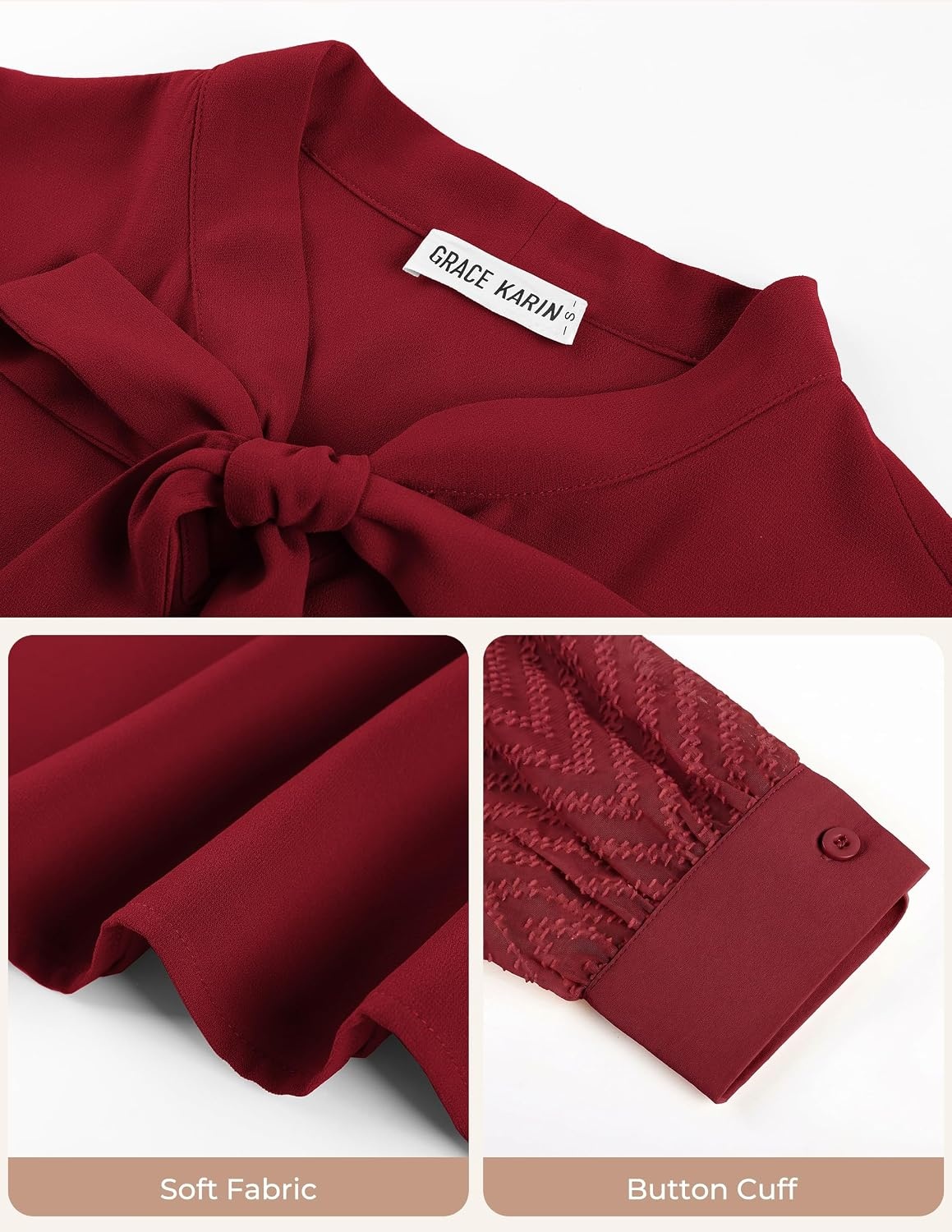 image:imageGRACE KARIN Women Bow Tie Neck Tops 2026 Fall Lace Long Sleeve Blouse Business Dressy Casual Shirt Work Office FormalDark Wine