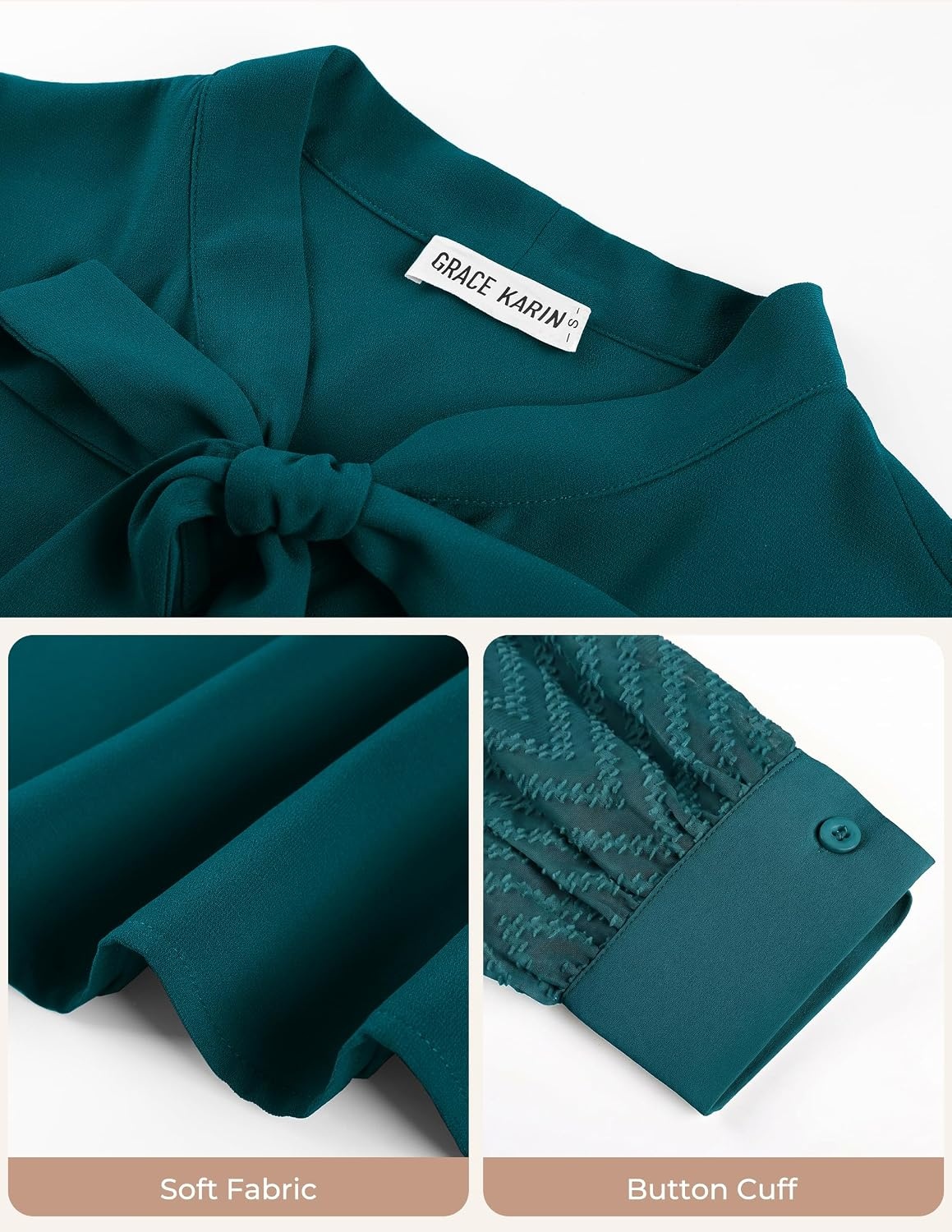 image:imageGRACE KARIN Women Bow Tie Neck Tops 2026 Fall Lace Long Sleeve Blouse Business Dressy Casual Shirt Work Office FormalPeacock Blue
