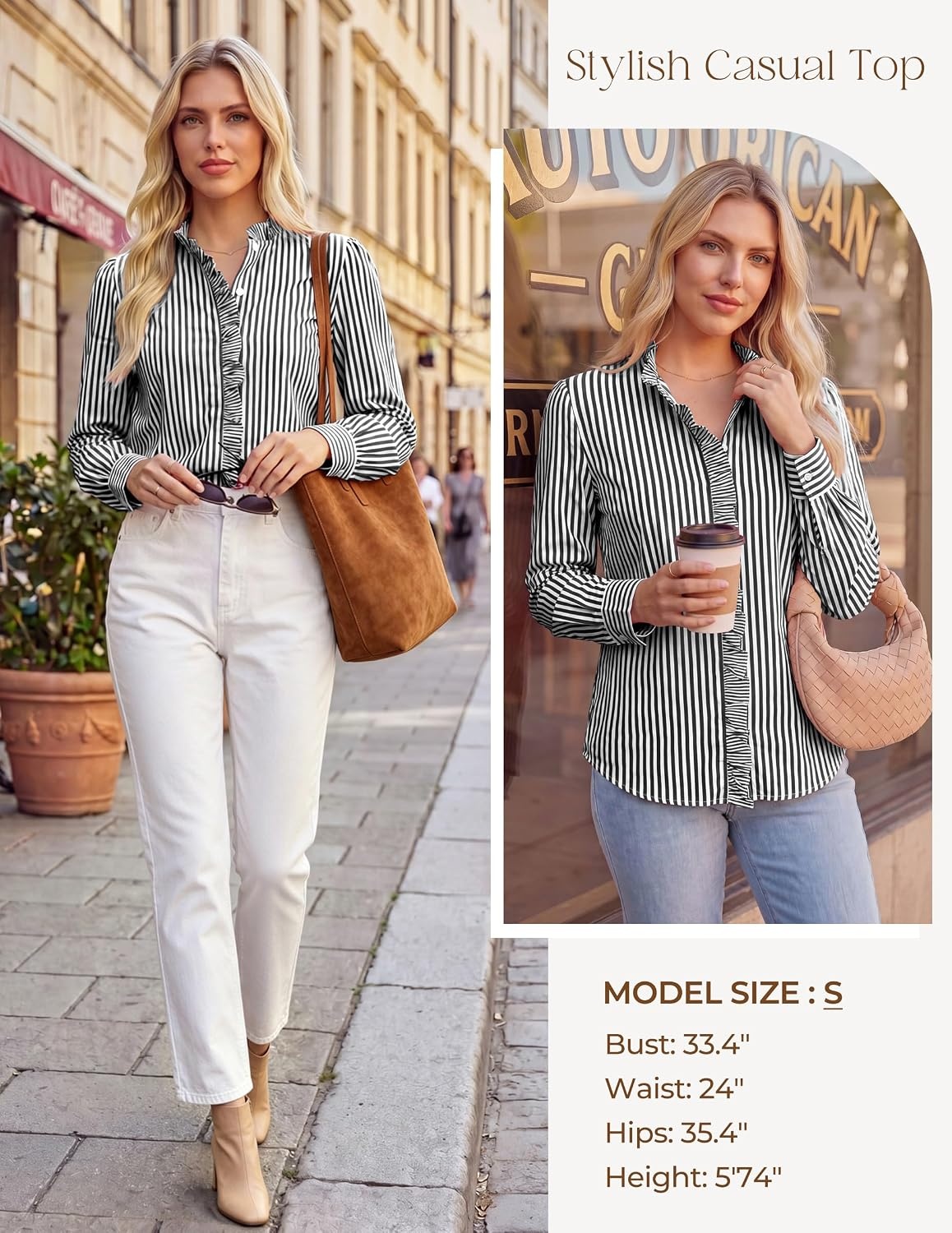 image:imageGRACE KARIN Women Striped Button Down Shirts Dressy Casual Cotton Ruffled Long Sleeve Tops 2026 Summer Fashion Work ClothesBlack