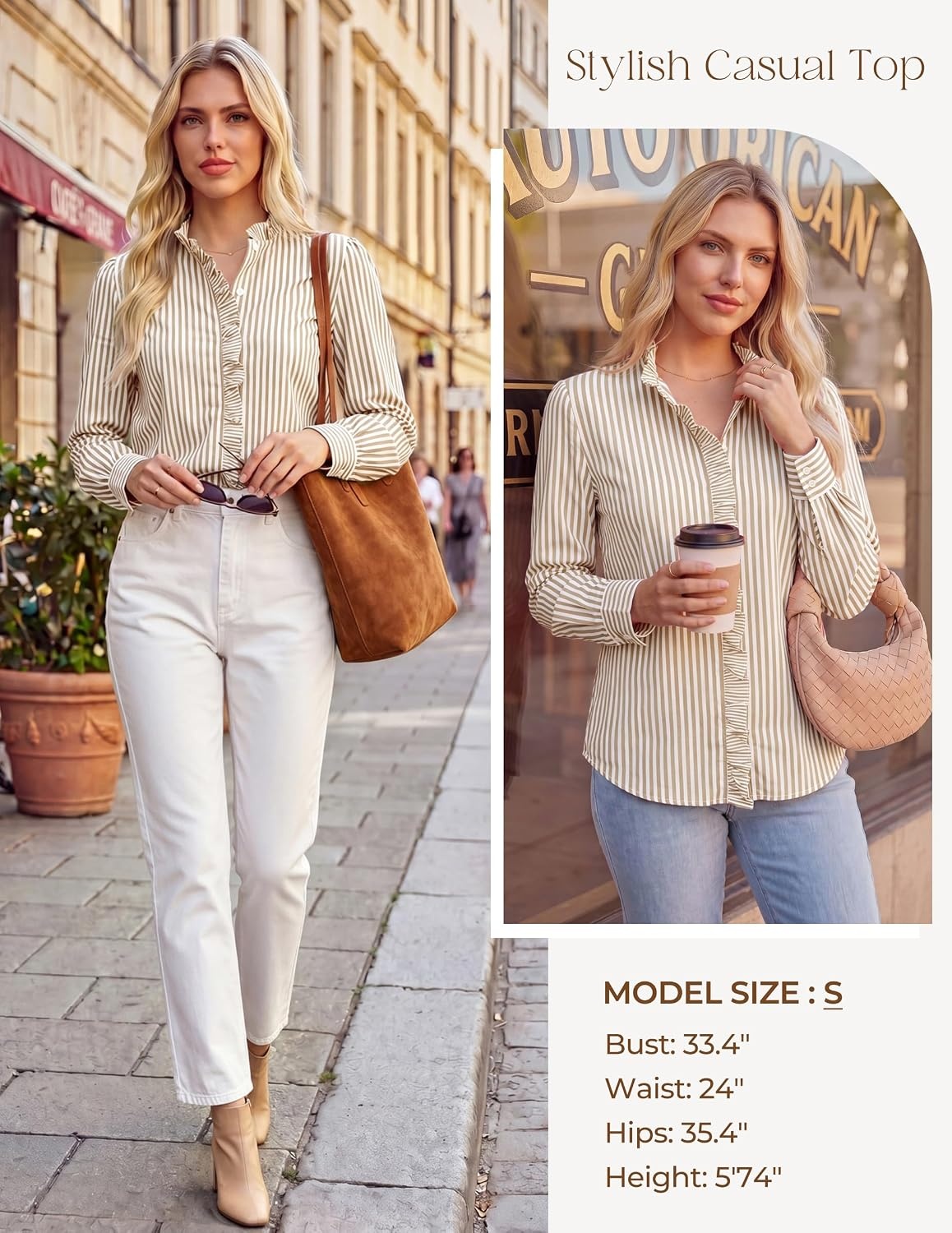 image:imageGRACE KARIN Women Striped Button Down Shirts Dressy Casual Cotton Ruffled Long Sleeve Tops 2026 Summer Fashion Work ClothesKhaki