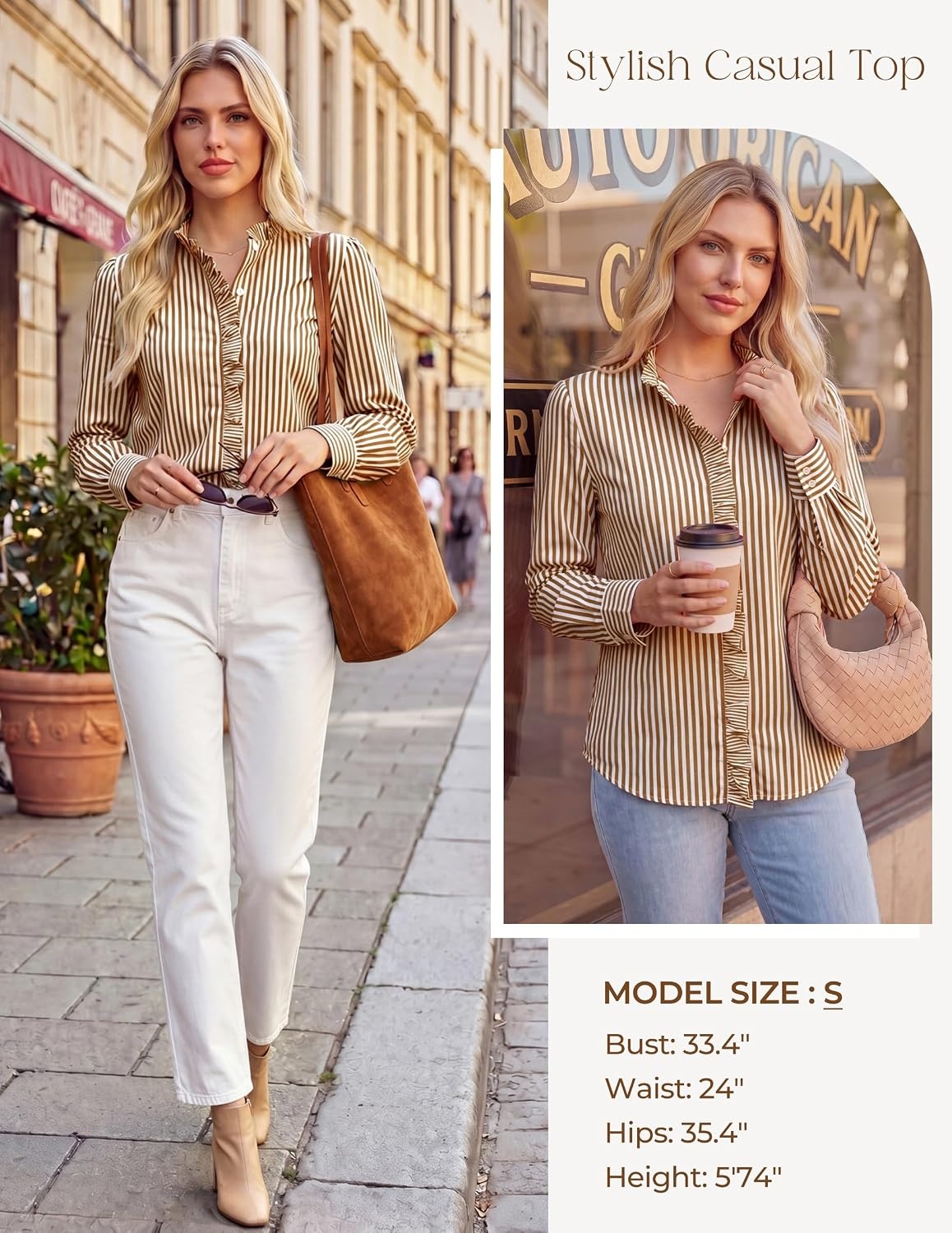 image:imageGRACE KARIN Women Striped Button Down Shirts Dressy Casual Cotton Ruffled Long Sleeve Tops 2026 Summer Fashion Work ClothesSepia