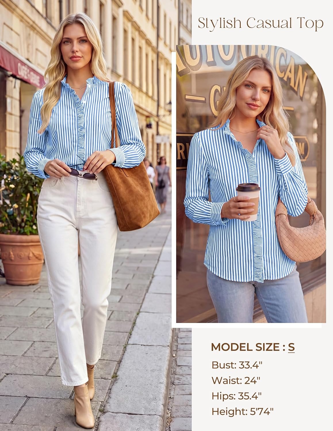 image:imageGRACE KARIN Women Striped Button Down Shirts Dressy Casual Cotton Ruffled Long Sleeve Tops 2026 Summer Fashion Work ClothesSky Blue
