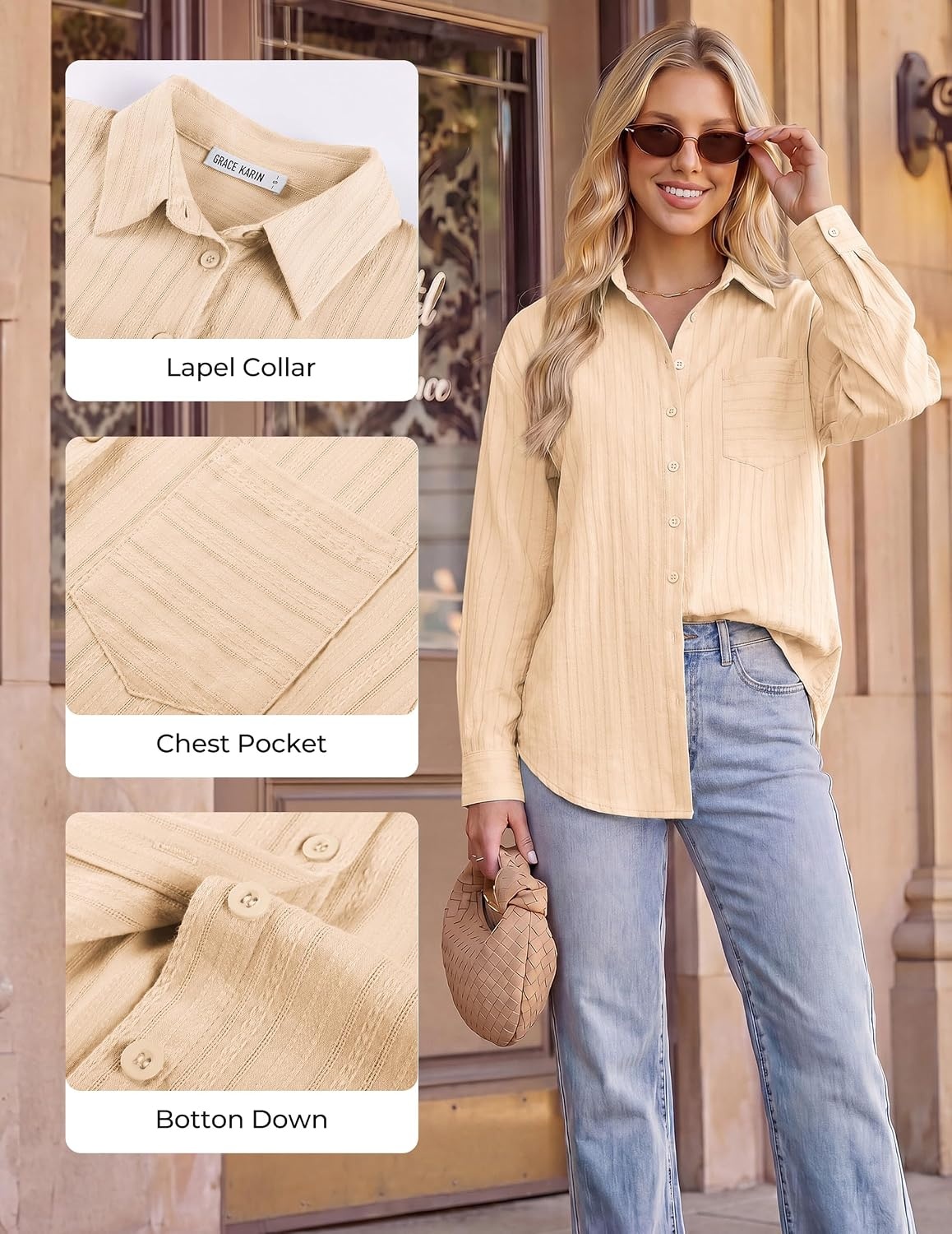 image:imageGRACE KARIN Womens 2026 Cotton Button Down Blouses Dressy Casual Long Sleeve Shirts Trendy Summer Collared Work TopsApricot