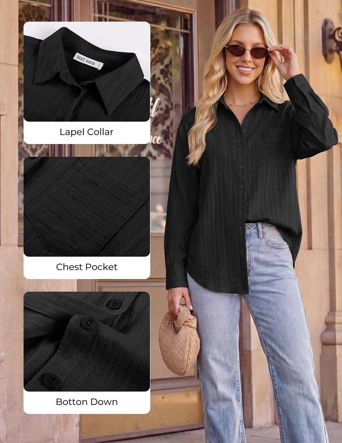 image:imageGRACE KARIN Womens 2026 Cotton Button Down Blouses Dressy Casual Long Sleeve Shirts Trendy Summer Collared Work TopsBlack