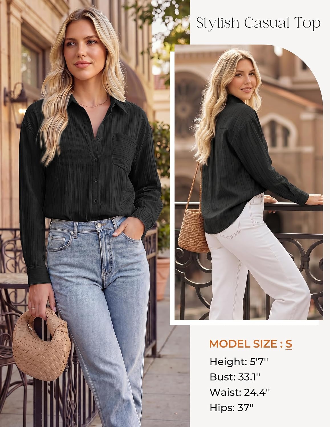 image:imageGRACE KARIN Womens 2026 Cotton Button Down Blouses Dressy Casual Long Sleeve Shirts Trendy Summer Collared Work TopsBlack