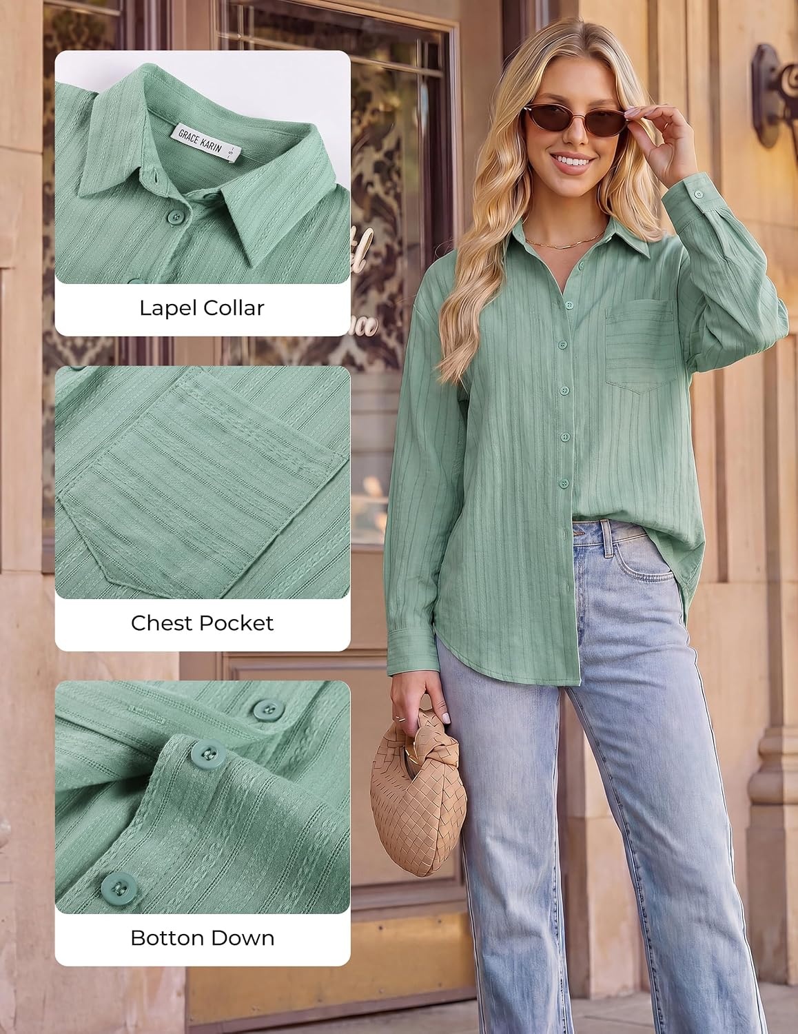 image:imageGRACE KARIN Womens 2026 Cotton Button Down Blouses Dressy Casual Long Sleeve Shirts Trendy Summer Collared Work TopsLight Green