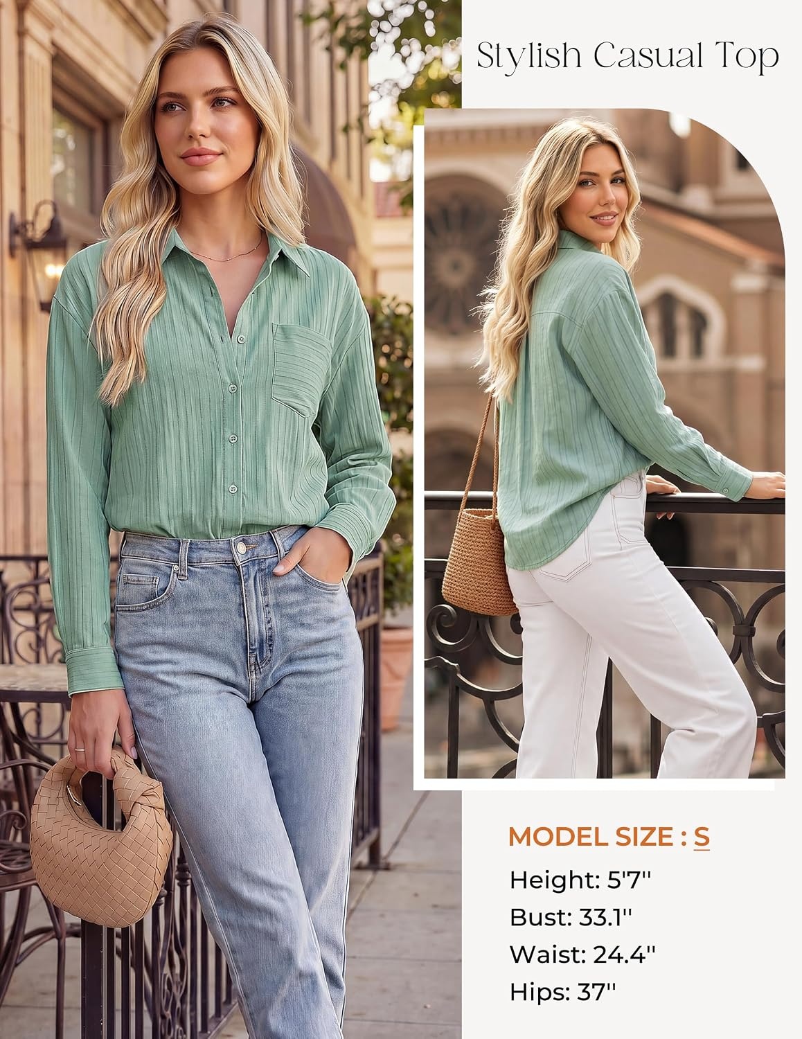 image:imageGRACE KARIN Womens 2026 Cotton Button Down Blouses Dressy Casual Long Sleeve Shirts Trendy Summer Collared Work TopsLight Green
