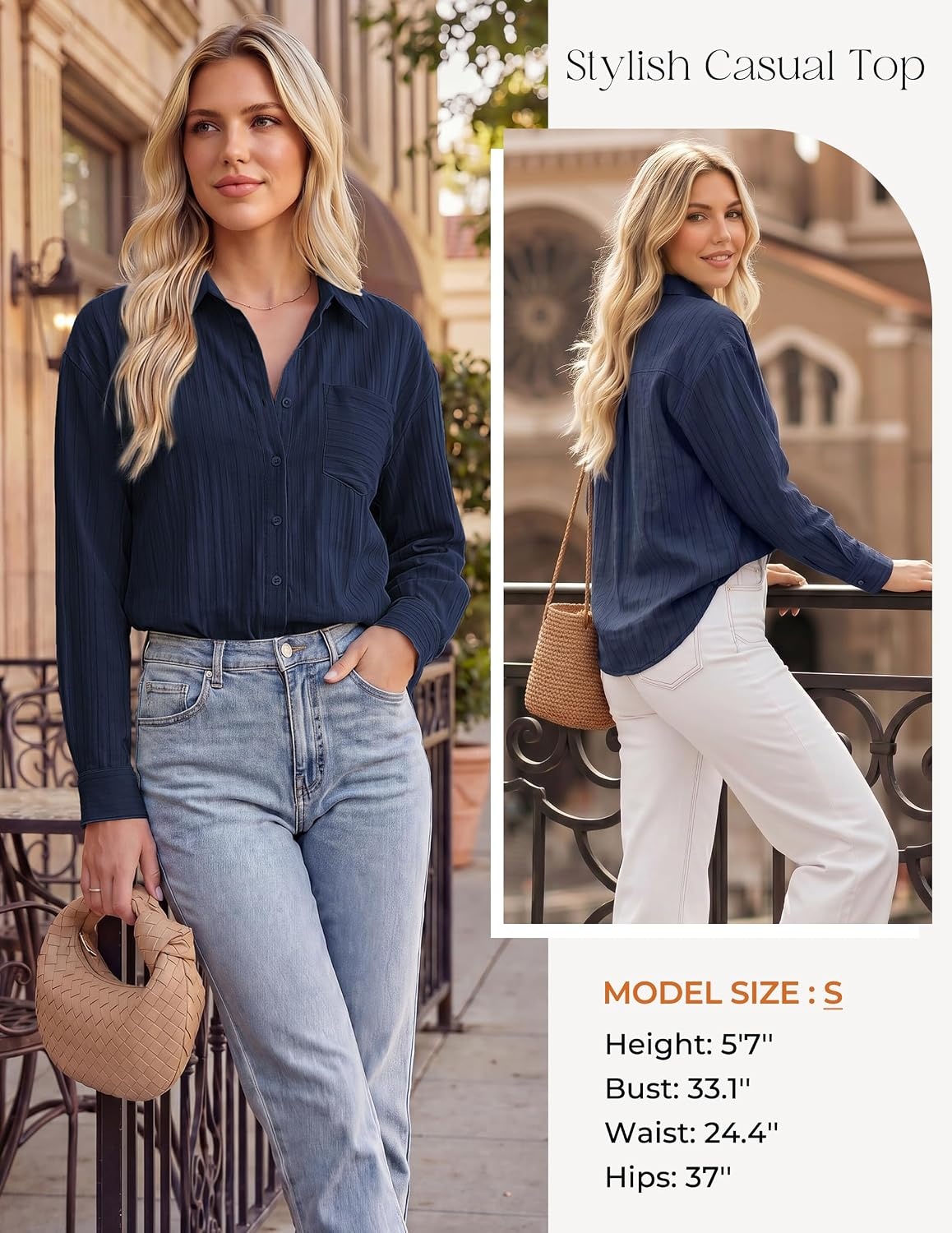 image:imageGRACE KARIN Womens 2026 Cotton Button Down Blouses Dressy Casual Long Sleeve Shirts Trendy Summer Collared Work TopsNavy Blue