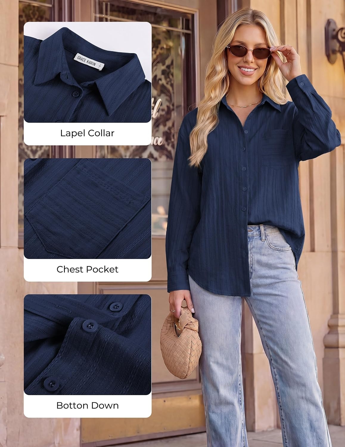 image:imageGRACE KARIN Womens 2026 Cotton Button Down Blouses Dressy Casual Long Sleeve Shirts Trendy Summer Collared Work TopsNavy Blue