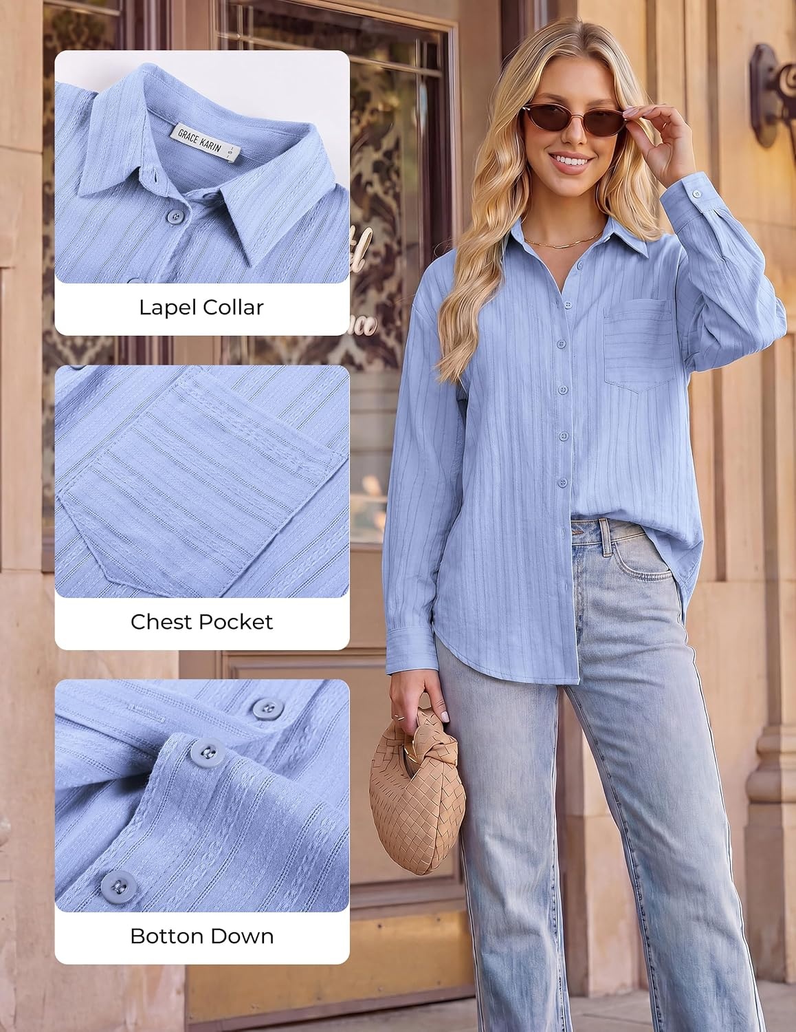 image:imageGRACE KARIN Womens 2026 Cotton Button Down Blouses Dressy Casual Long Sleeve Shirts Trendy Summer Collared Work TopsSky Blue