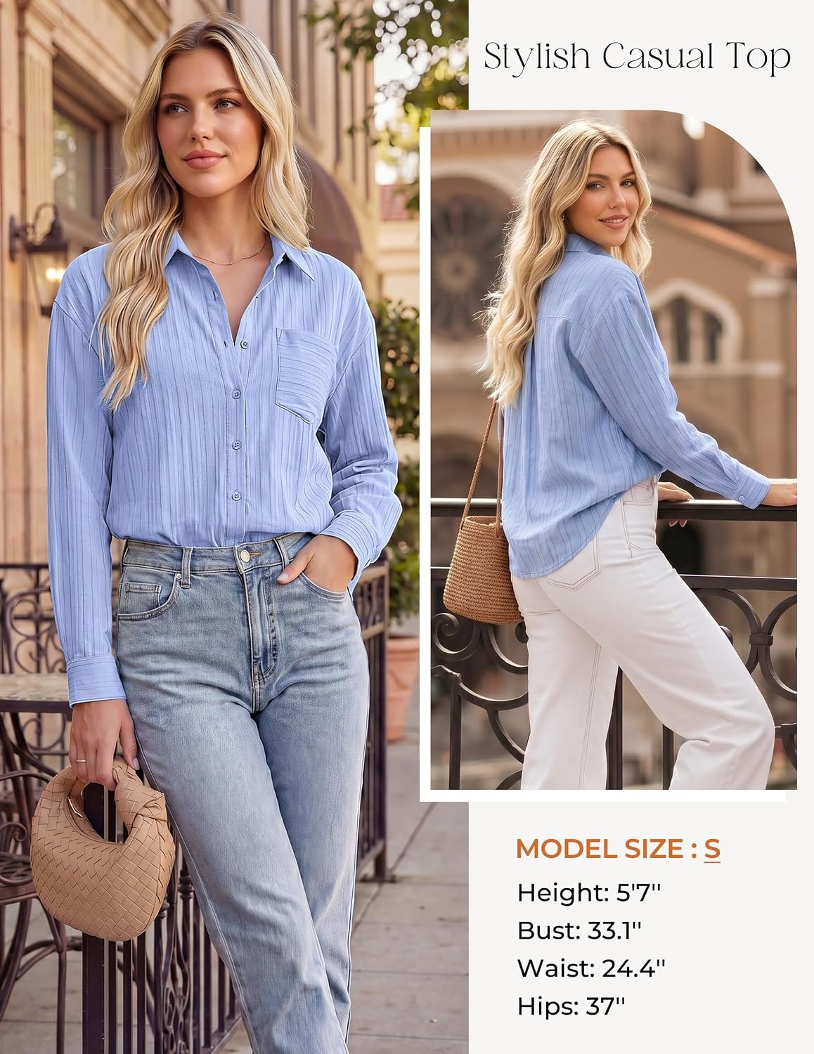 image:imageGRACE KARIN Womens 2026 Cotton Button Down Blouses Dressy Casual Long Sleeve Shirts Trendy Summer Collared Work TopsSky Blue