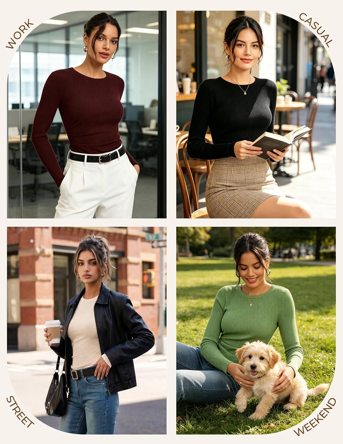 image:imageGRACE KARIN Womens 2026 Long Sleeve Tops Ribbed Knit Basic Blouses Stretch Fall Shirts Dressy Casual ClothesApricot
