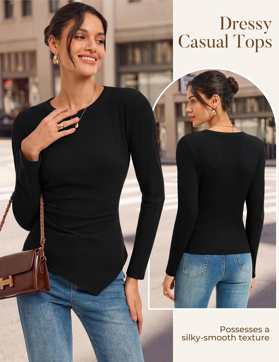 image:imageGRACE KARIN Womens 2026 Long Sleeve Tops Ribbed Knit Basic Blouses Stretch Fall Shirts Dressy Casual ClothesBlack