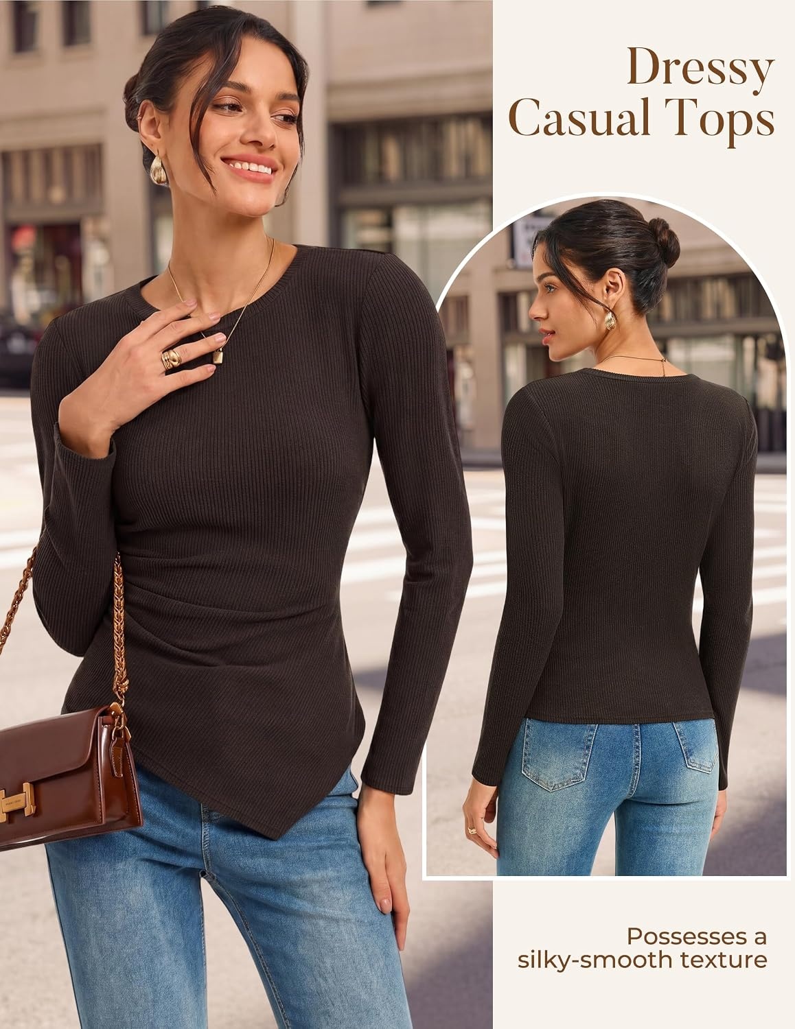 image:imageGRACE KARIN Womens 2026 Long Sleeve Tops Ribbed Knit Basic Blouses Stretch Fall Shirts Dressy Casual ClothesCoffee