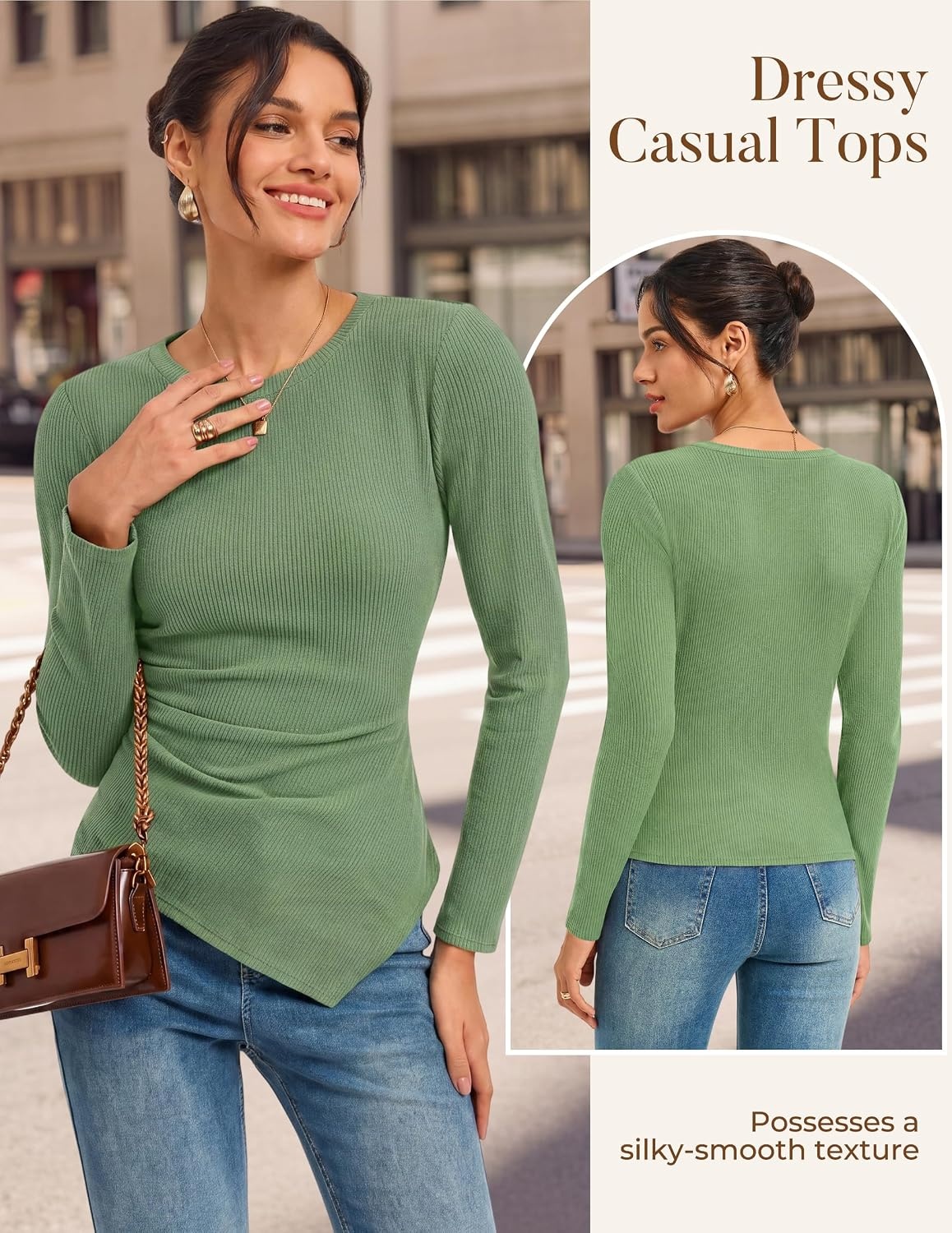 image:imageGRACE KARIN Womens 2026 Long Sleeve Tops Ribbed Knit Basic Blouses Stretch Fall Shirts Dressy Casual ClothesLight Green