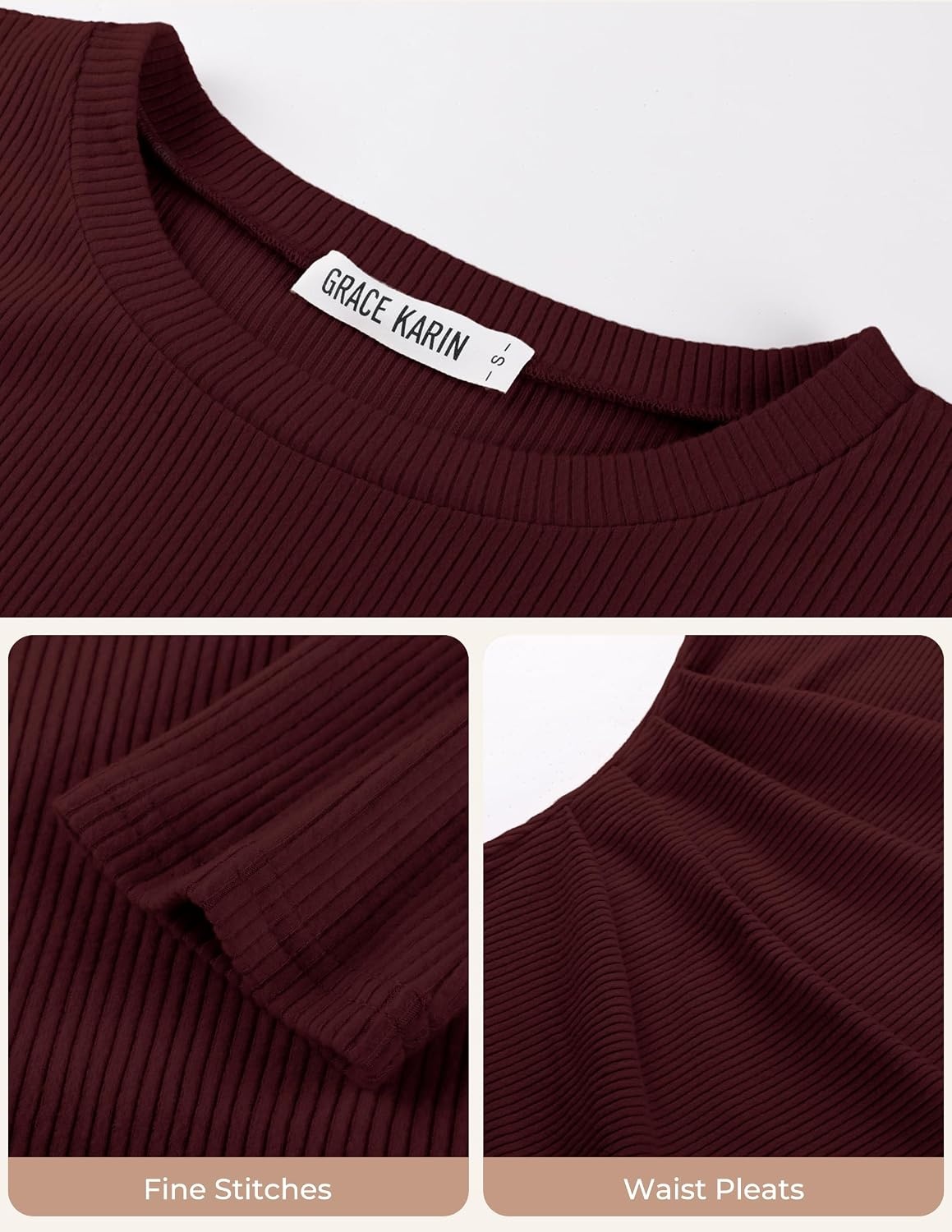 image:imageGRACE KARIN Womens 2026 Long Sleeve Tops Ribbed Knit Basic Blouses Stretch Fall Shirts Dressy Casual ClothesWine