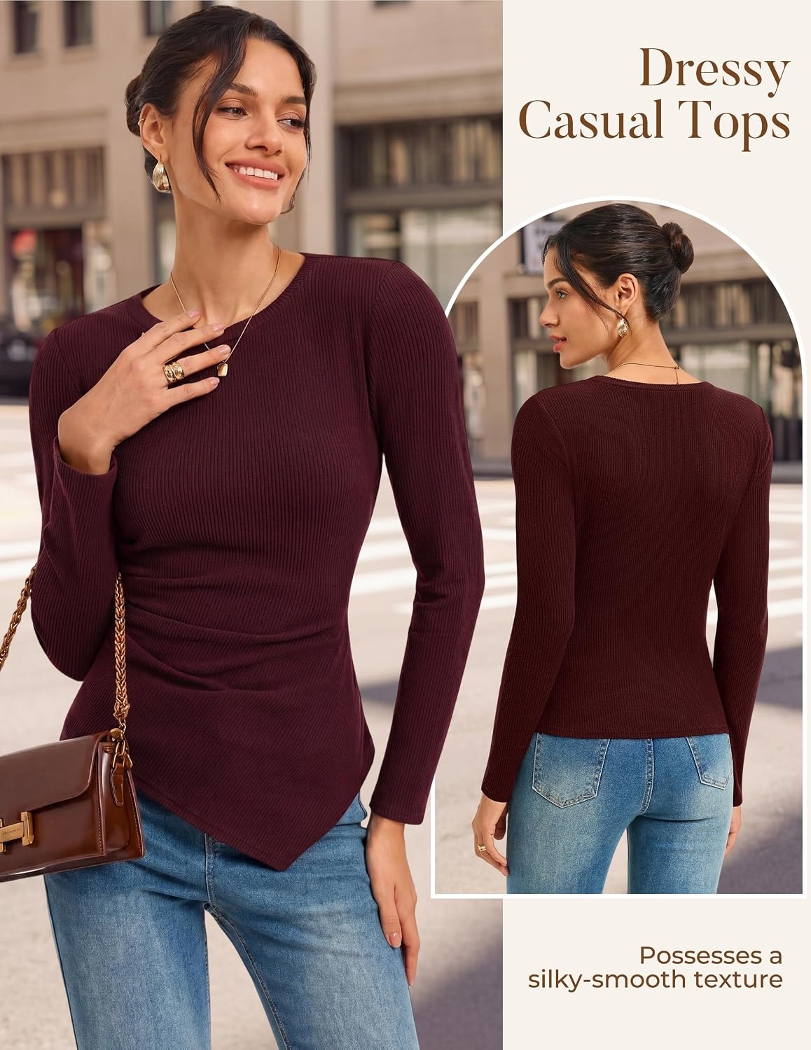 image:imageGRACE KARIN Womens 2026 Long Sleeve Tops Ribbed Knit Basic Blouses Stretch Fall Shirts Dressy Casual ClothesWine