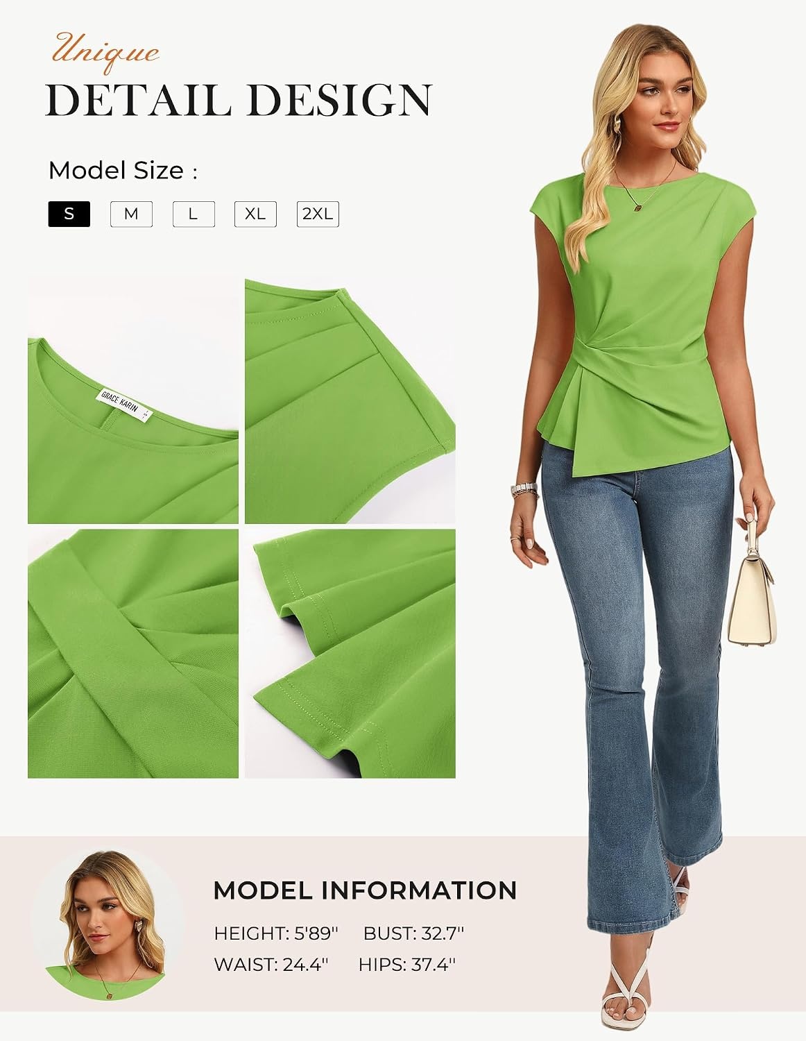 image:imageGRACE KARIN Womens 2026 Summer Short Sleeve Tops Dressy Casual Peplum Shirts Outfit Tunic Blouses Trendy Fashion ClothesBright Green
