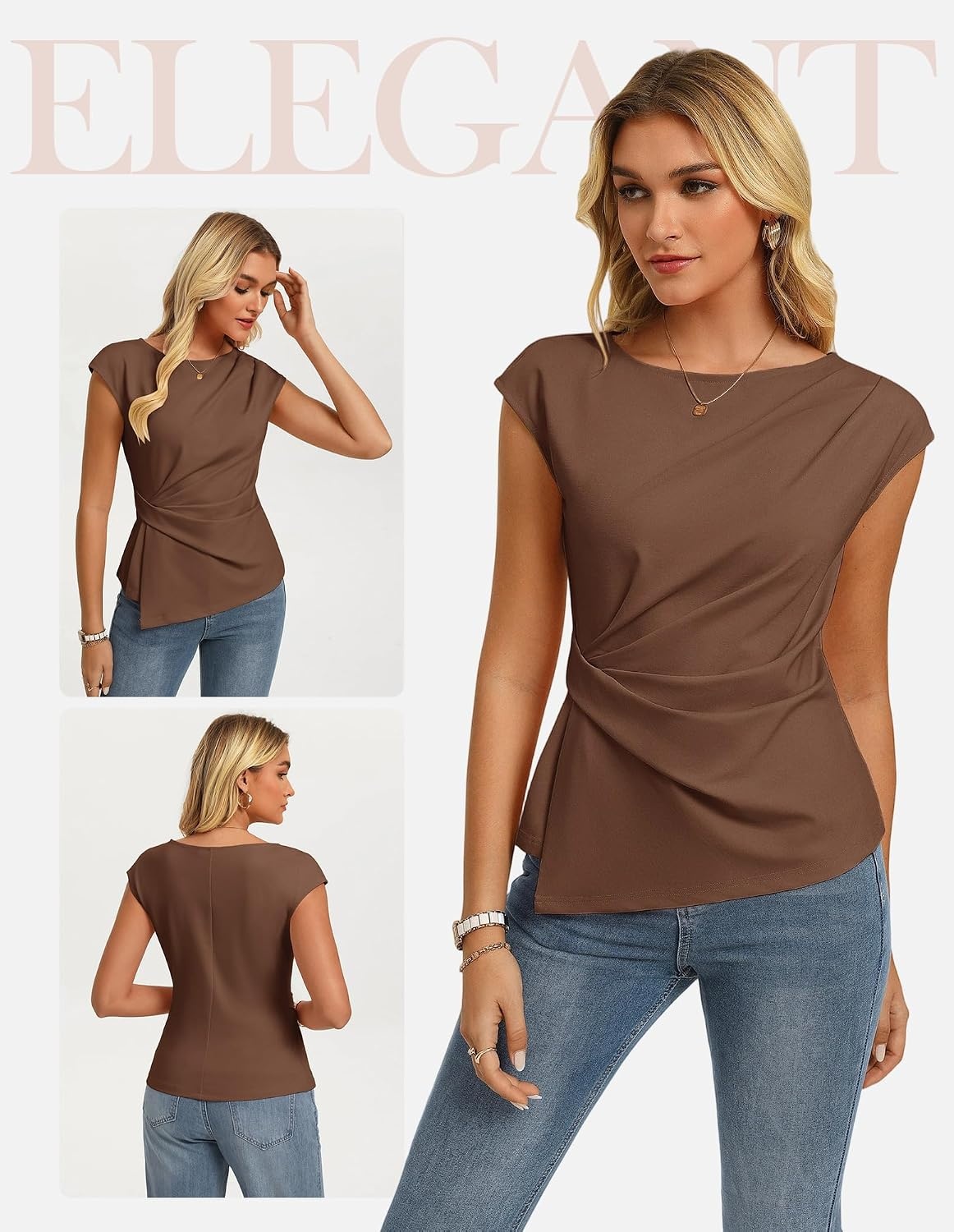 image:imageGRACE KARIN Womens 2026 Summer Short Sleeve Tops Dressy Casual Peplum Shirts Outfit Tunic Blouses Trendy Fashion ClothesBrown