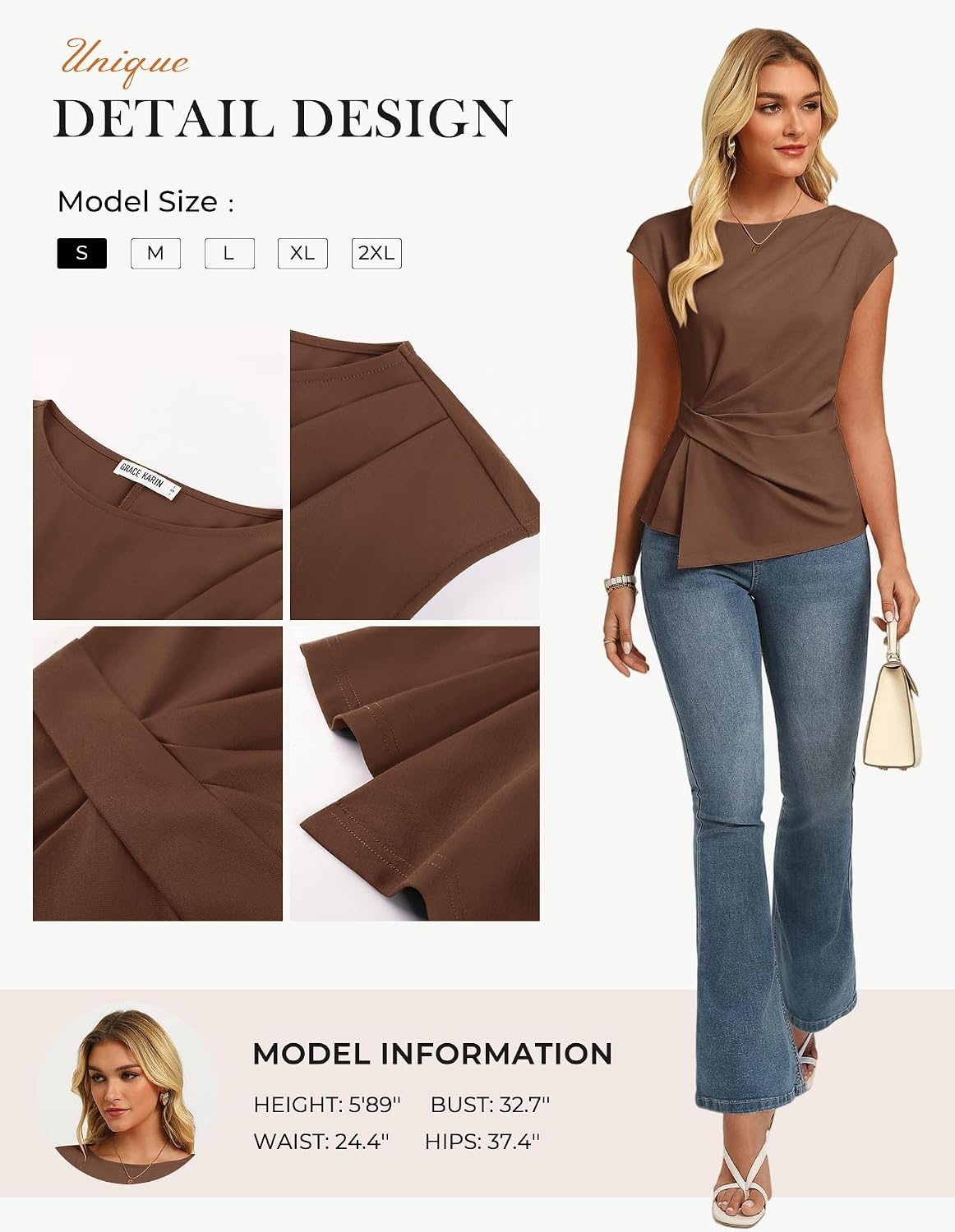 image:imageGRACE KARIN Womens 2026 Summer Short Sleeve Tops Dressy Casual Peplum Shirts Outfit Tunic Blouses Trendy Fashion ClothesBrown