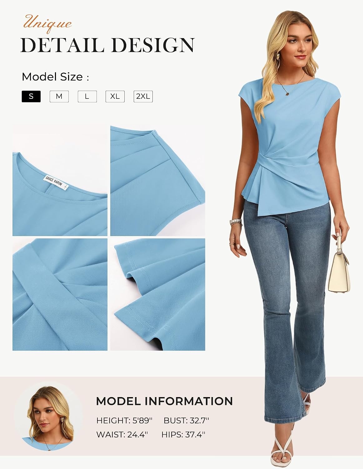 image:imageGRACE KARIN Womens 2026 Summer Short Sleeve Tops Dressy Casual Peplum Shirts Outfit Tunic Blouses Trendy Fashion ClothesLight Blue