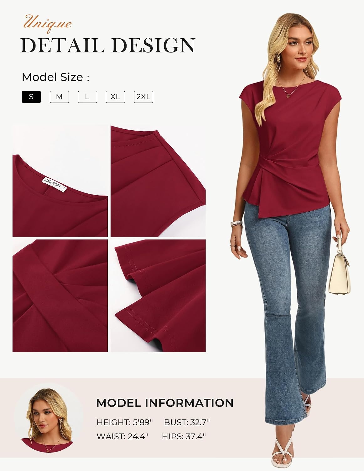 image:imageGRACE KARIN Womens 2026 Summer Short Sleeve Tops Dressy Casual Peplum Shirts Outfit Tunic Blouses Trendy Fashion ClothesWine Red