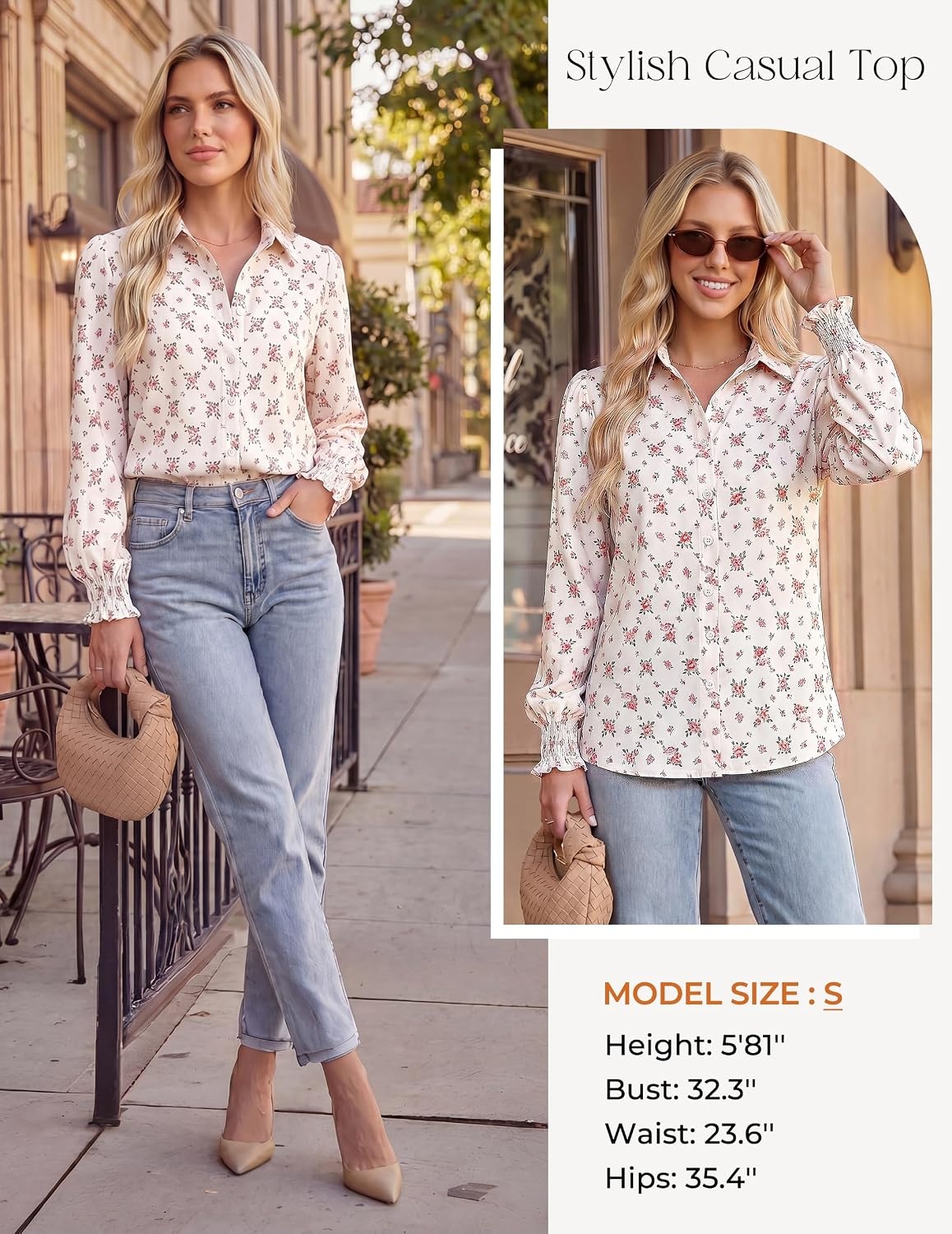image:imageGRACE KARIN Womens Boho Floral Button Down Shirts 2026 Fall Long Sleeve Blouses Dressy Casual Fit Vacation Work TopsApricot Pink Floral
