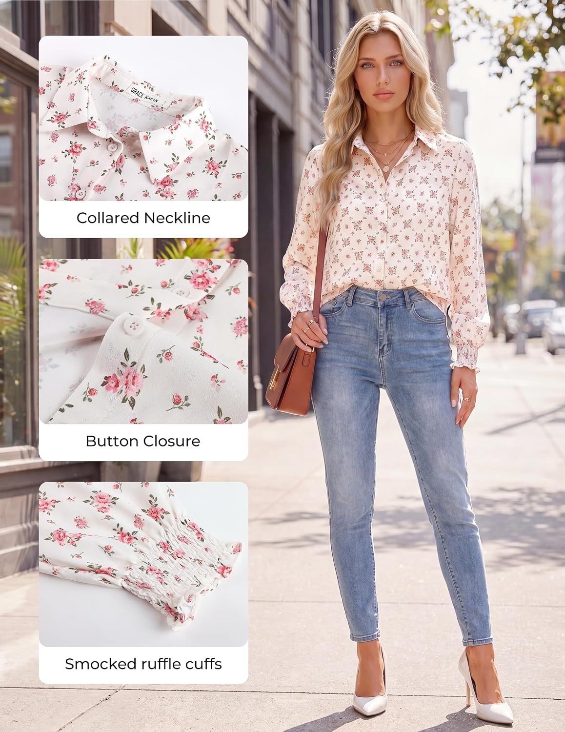 image:imageGRACE KARIN Womens Boho Floral Button Down Shirts 2026 Fall Long Sleeve Blouses Dressy Casual Fit Vacation Work TopsApricot Pink Floral