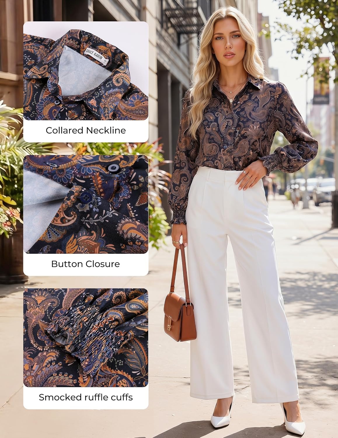 image:imageGRACE KARIN Womens Boho Floral Button Down Shirts 2026 Fall Long Sleeve Blouses Dressy Casual Fit Vacation Work TopsBlack Floral