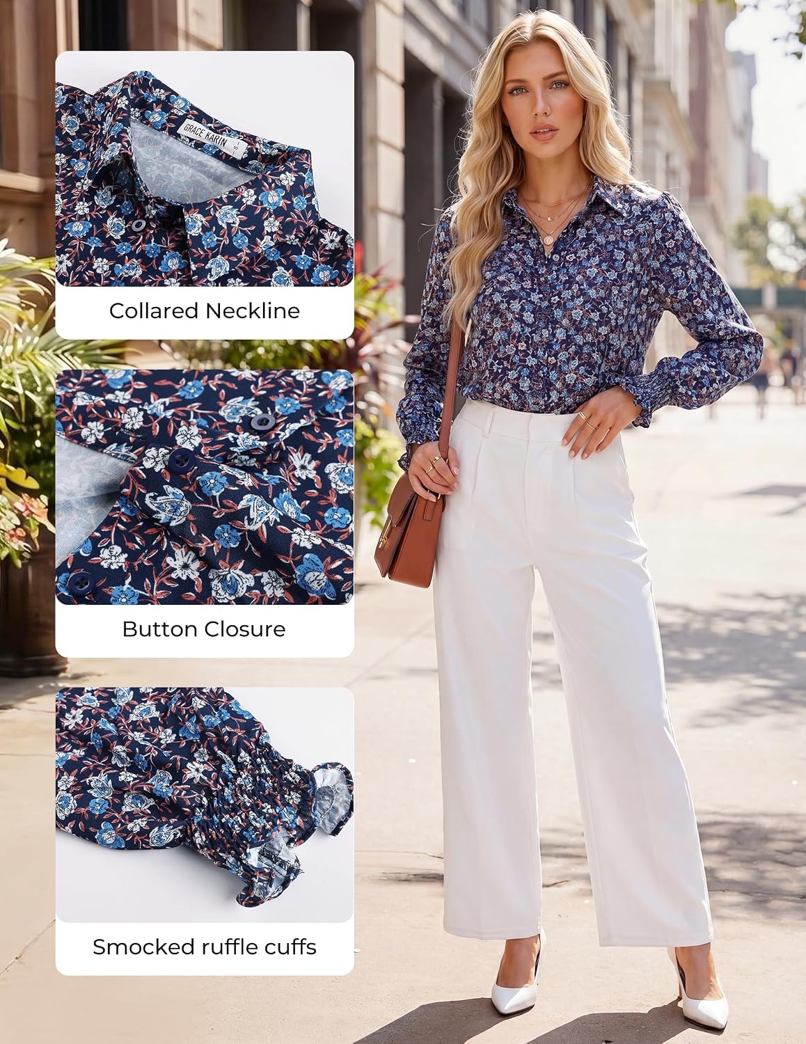 image:imageGRACE KARIN Womens Boho Floral Button Down Shirts 2026 Fall Long Sleeve Blouses Dressy Casual Fit Vacation Work TopsNavy Blue Floral
