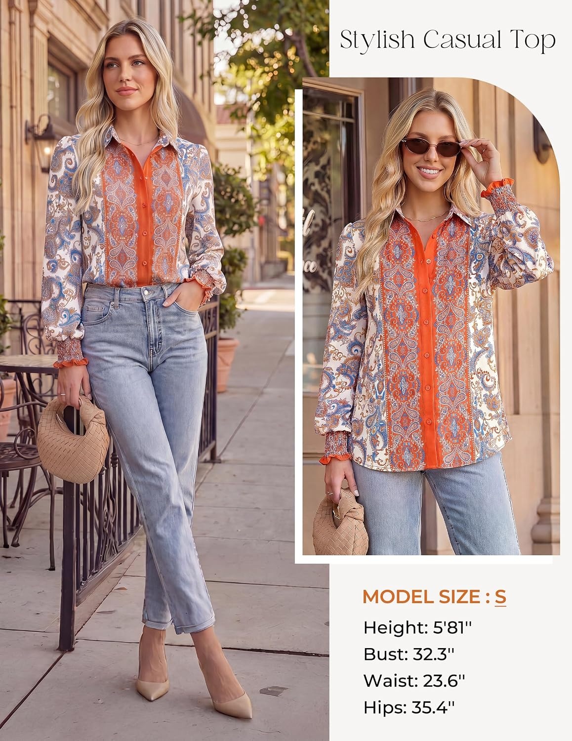 image:imageGRACE KARIN Womens Boho Floral Button Down Shirts 2026 Fall Long Sleeve Blouses Dressy Casual Fit Vacation Work TopsOrange