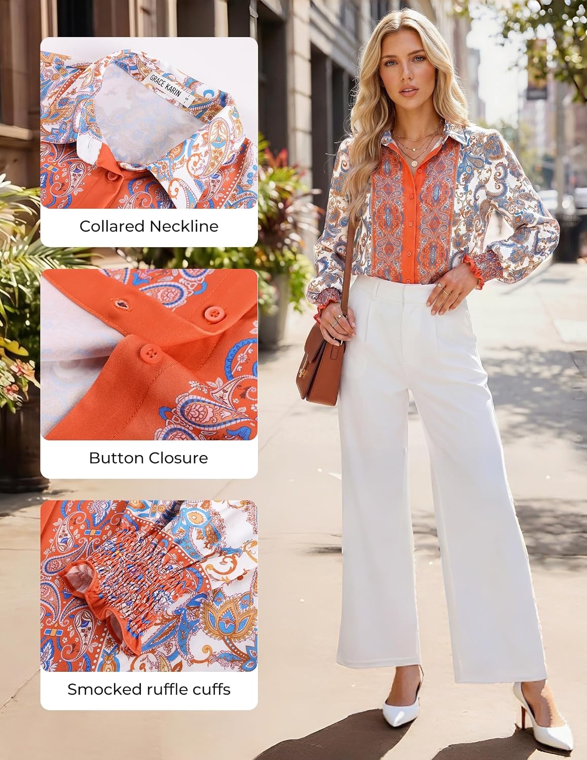 image:imageGRACE KARIN Womens Boho Floral Button Down Shirts 2026 Fall Long Sleeve Blouses Dressy Casual Fit Vacation Work TopsOrange